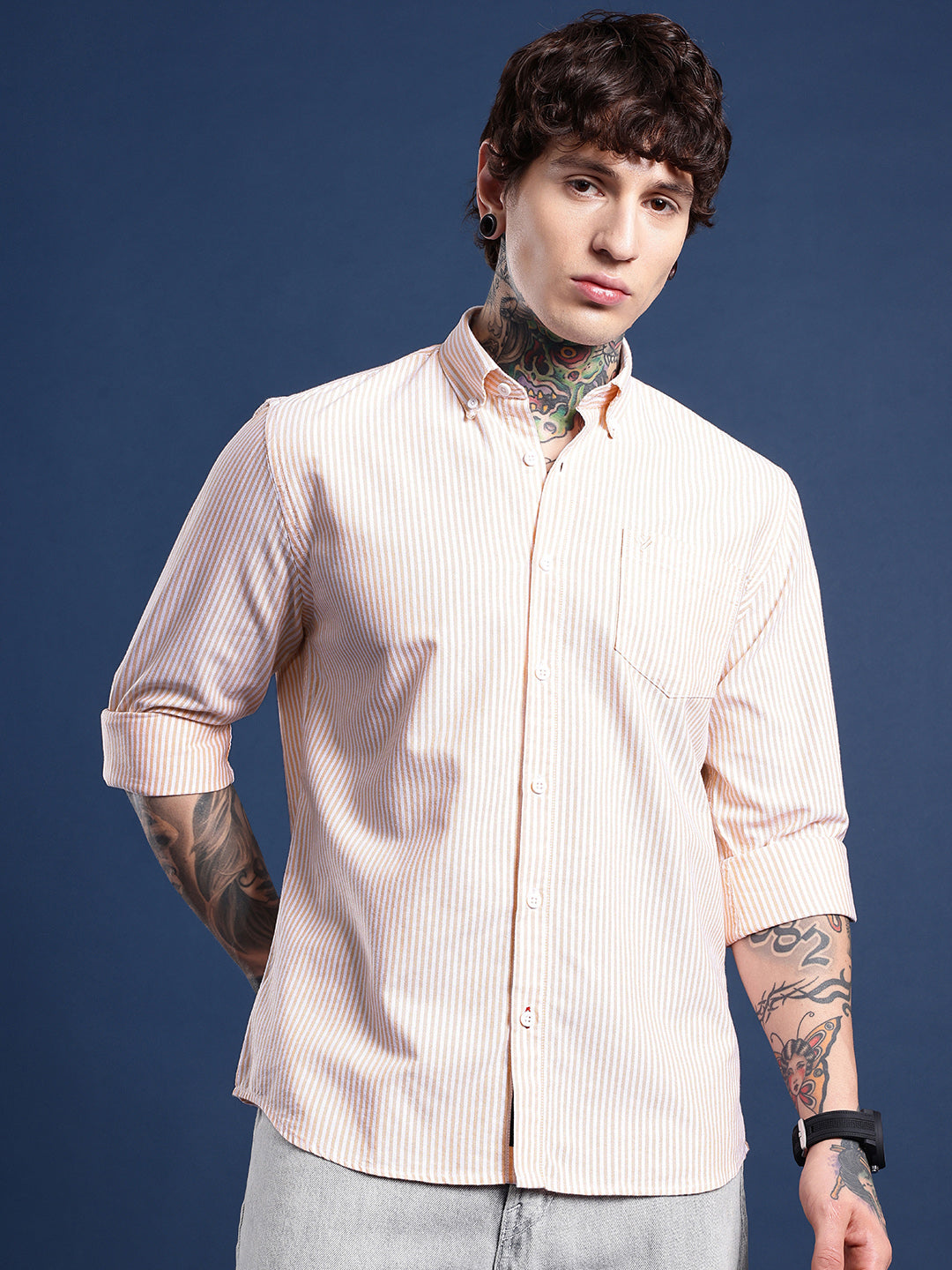 Orange Full Sleeve Chambray Cotton Shirt