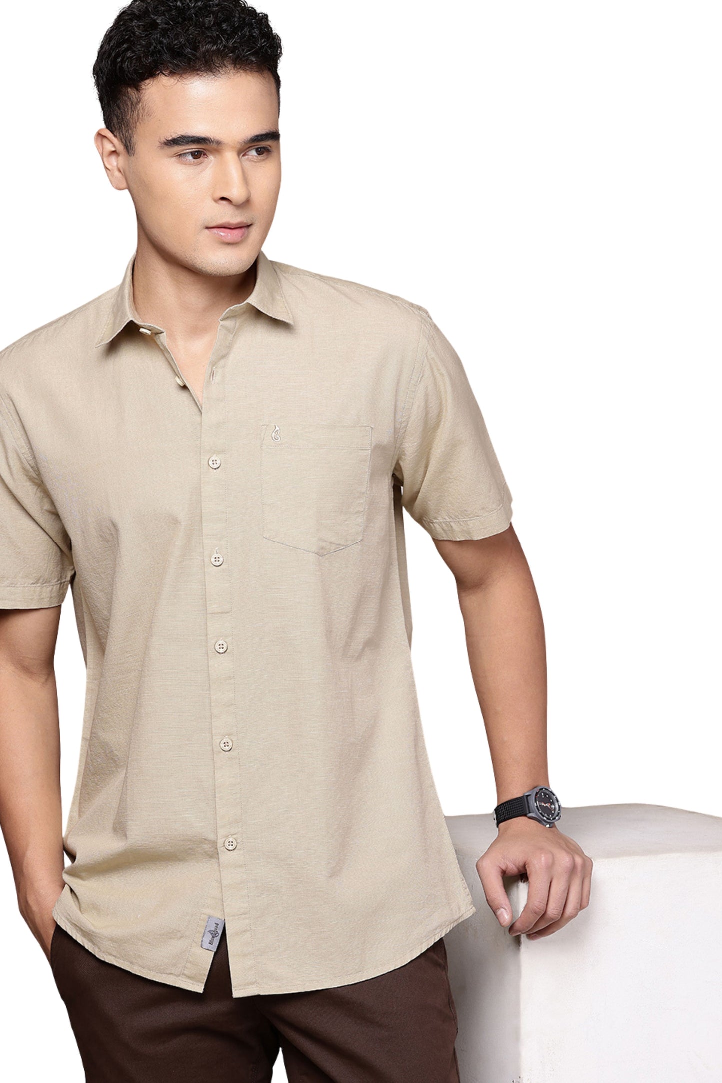Beige Half Sleeve Cotton Linen Shirt