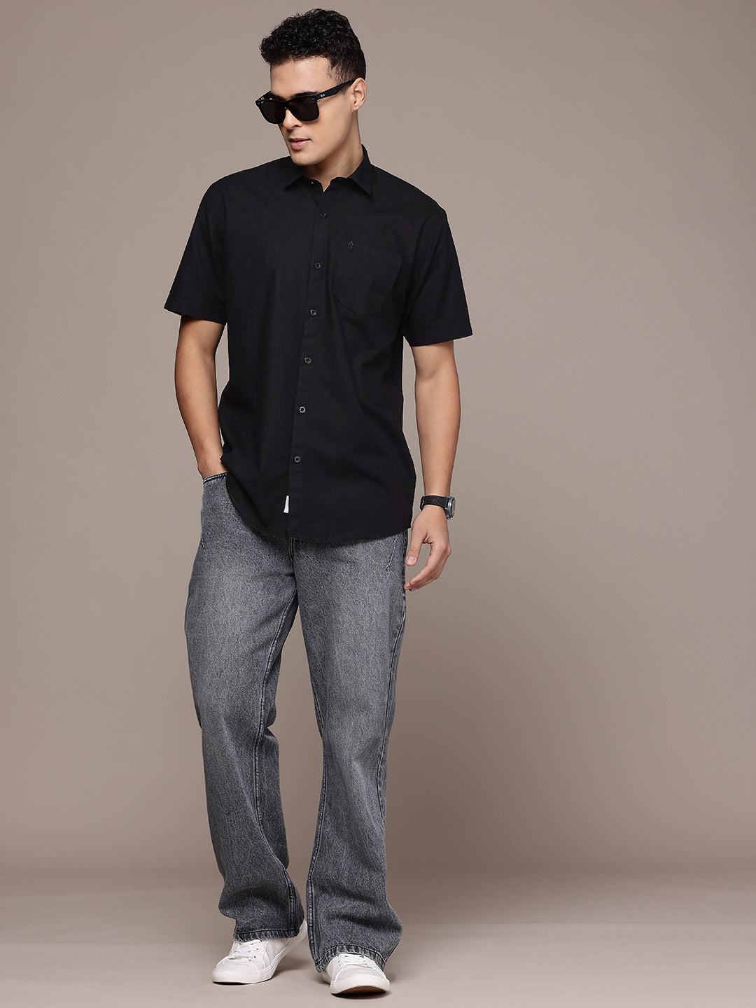 Black Half Sleeve Cotton Linen Shirt
