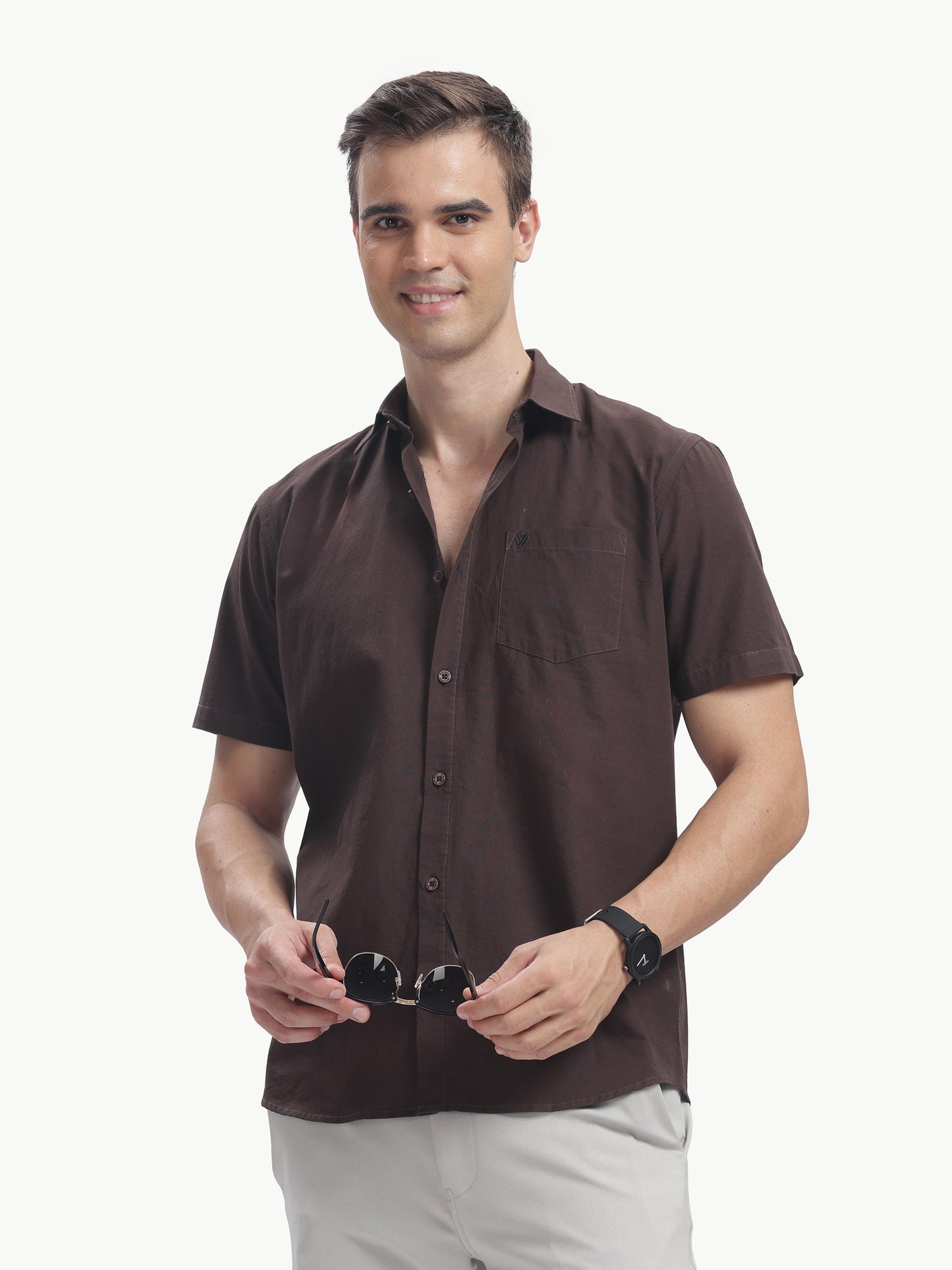 Coffee Half Sleeve Cotton Linen Shirt
