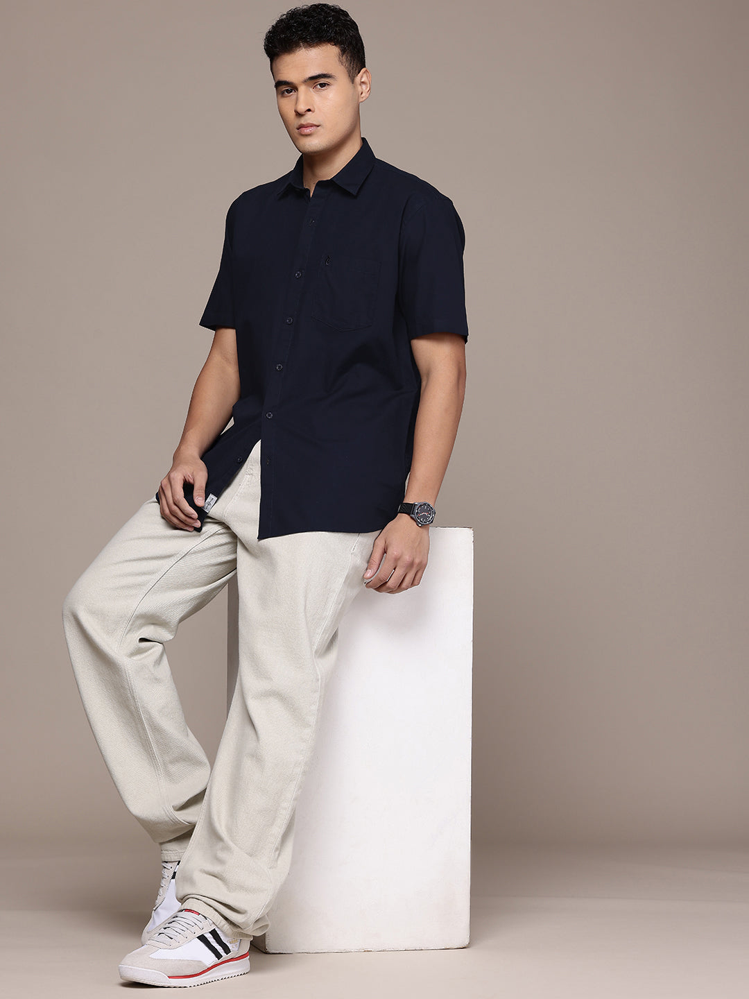 Navy Blue Half Sleeve Cotton Linen Shirt
