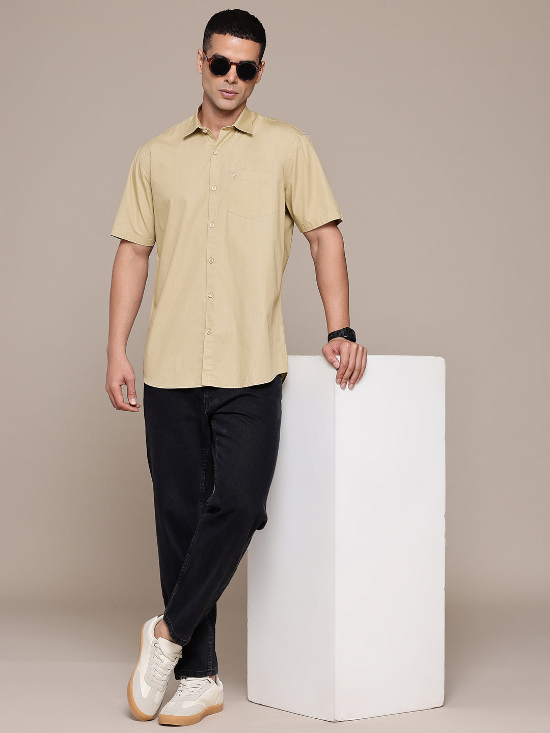 Beige Half Sleeve Pure Cotton Shirt