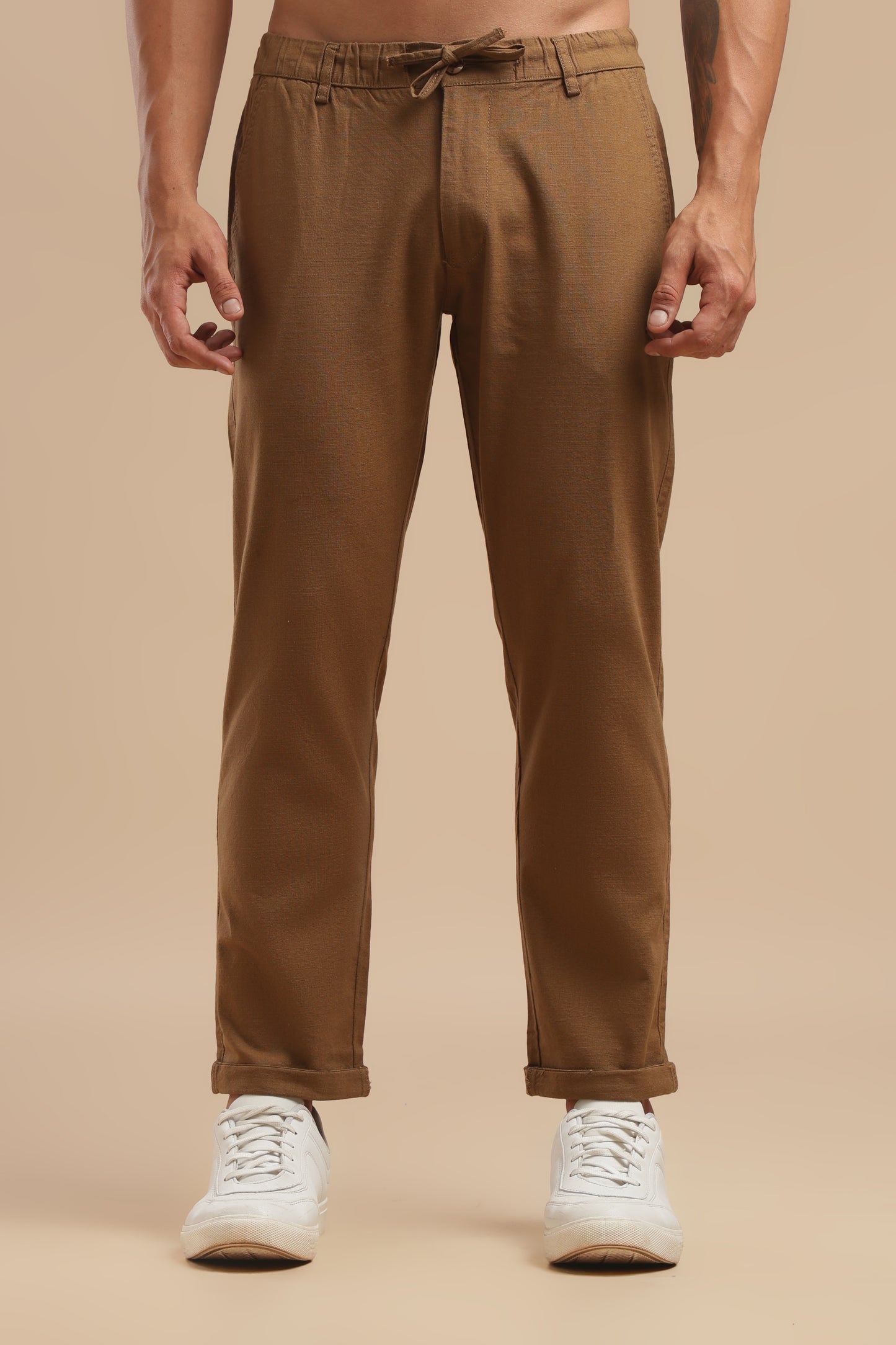 Coffee Cotton Linen Straight Fit Trouser