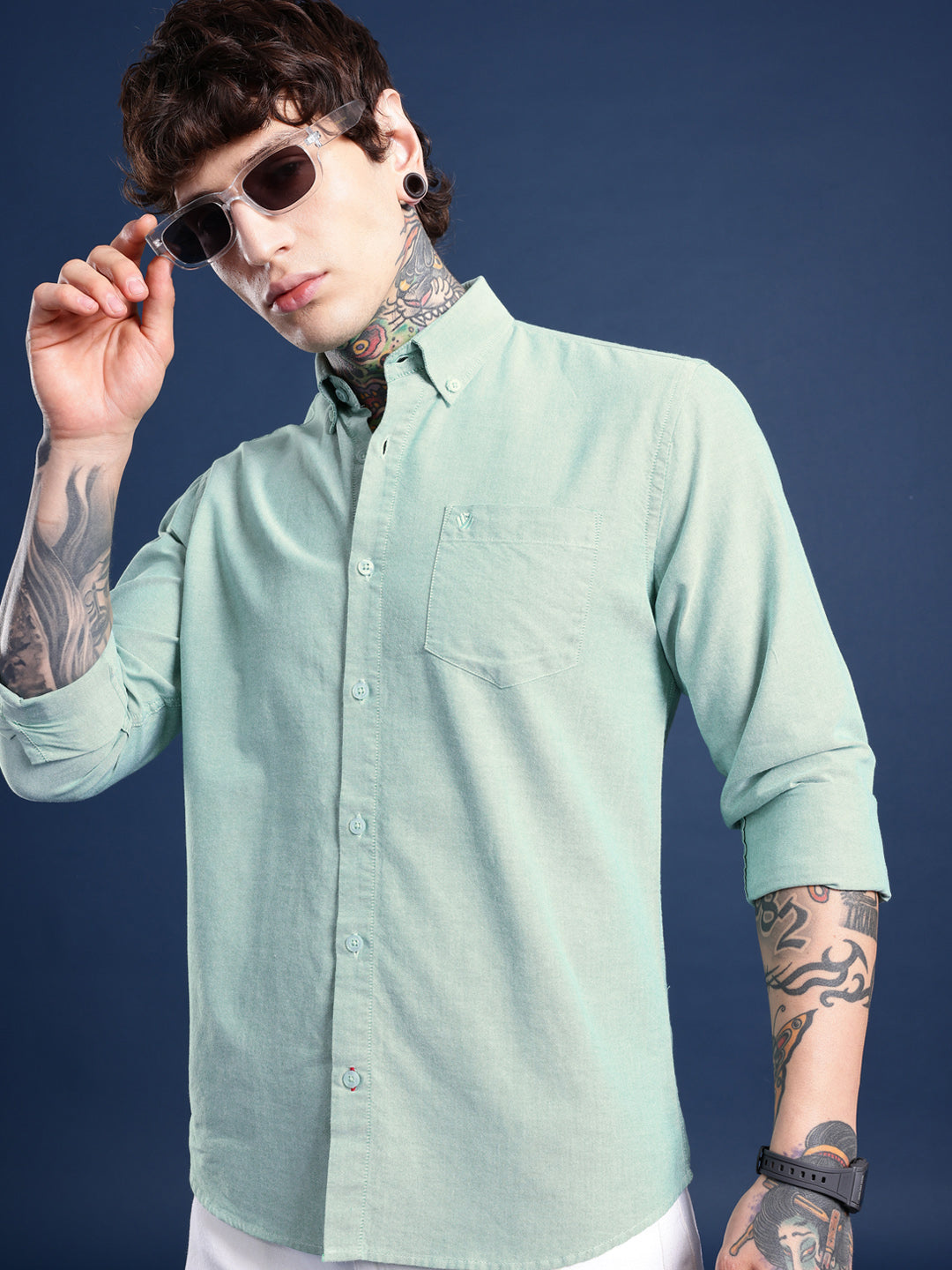 Green Full Sleeve Chambray Cotton Shirt