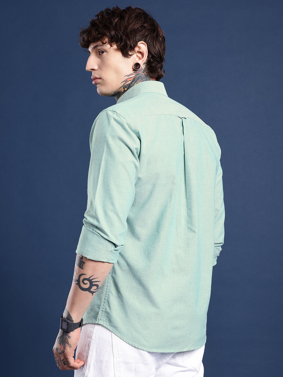 Green Full Sleeve Chambray Cotton Shirt