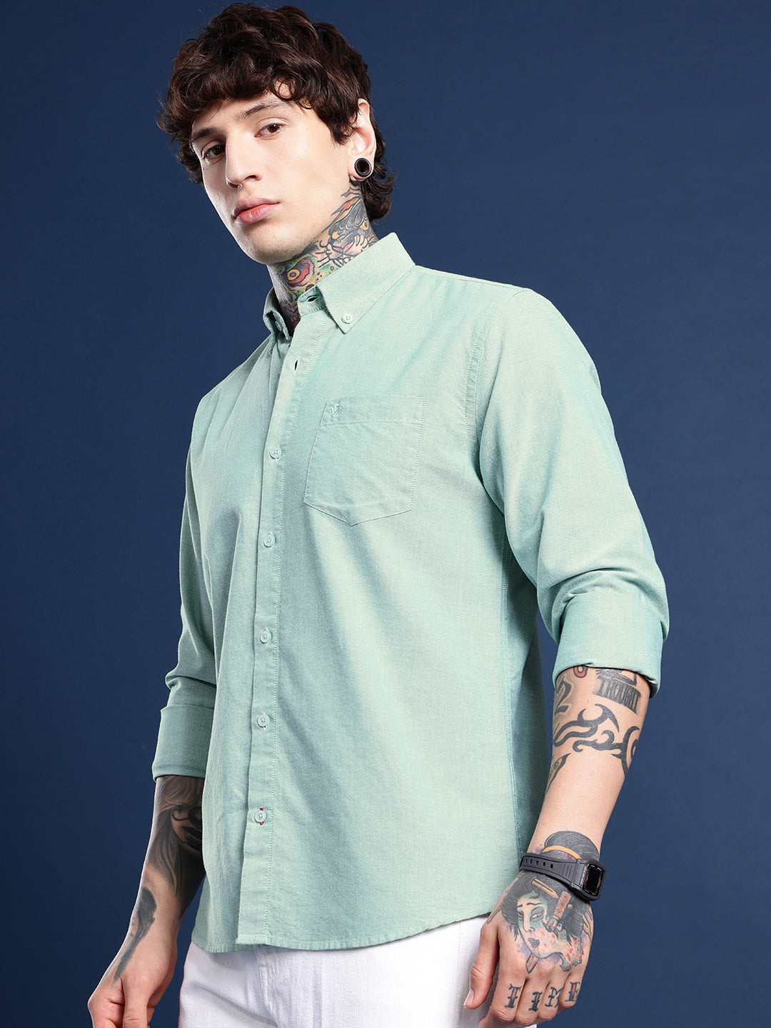 Green Full Sleeve Chambray Cotton Shirt