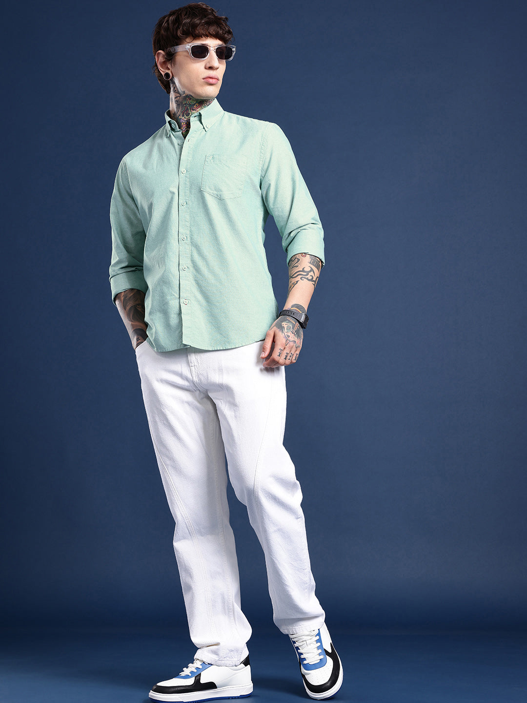 Green Full Sleeve Chambray Cotton Shirt