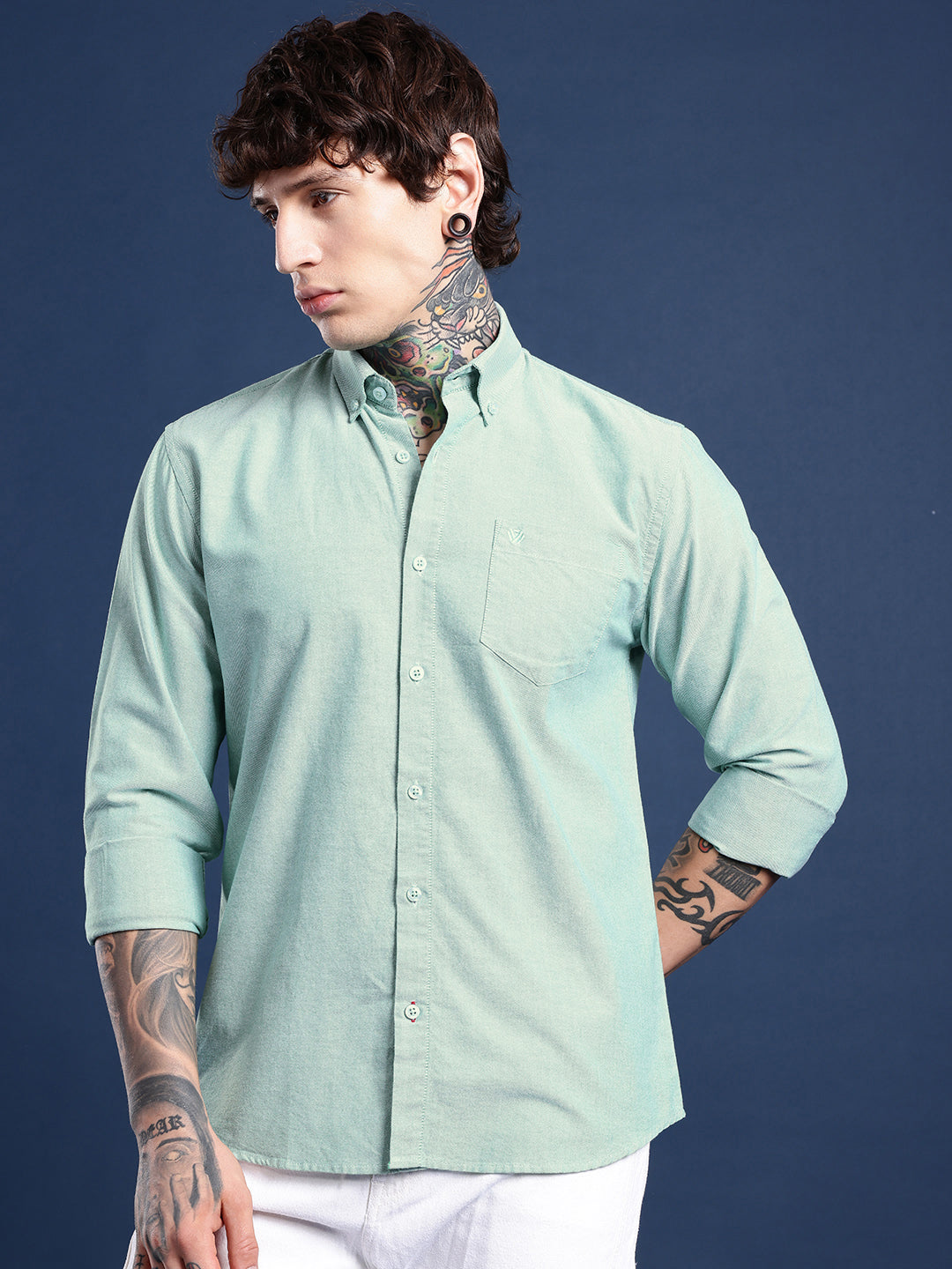 Green Full Sleeve Chambray Cotton Shirt