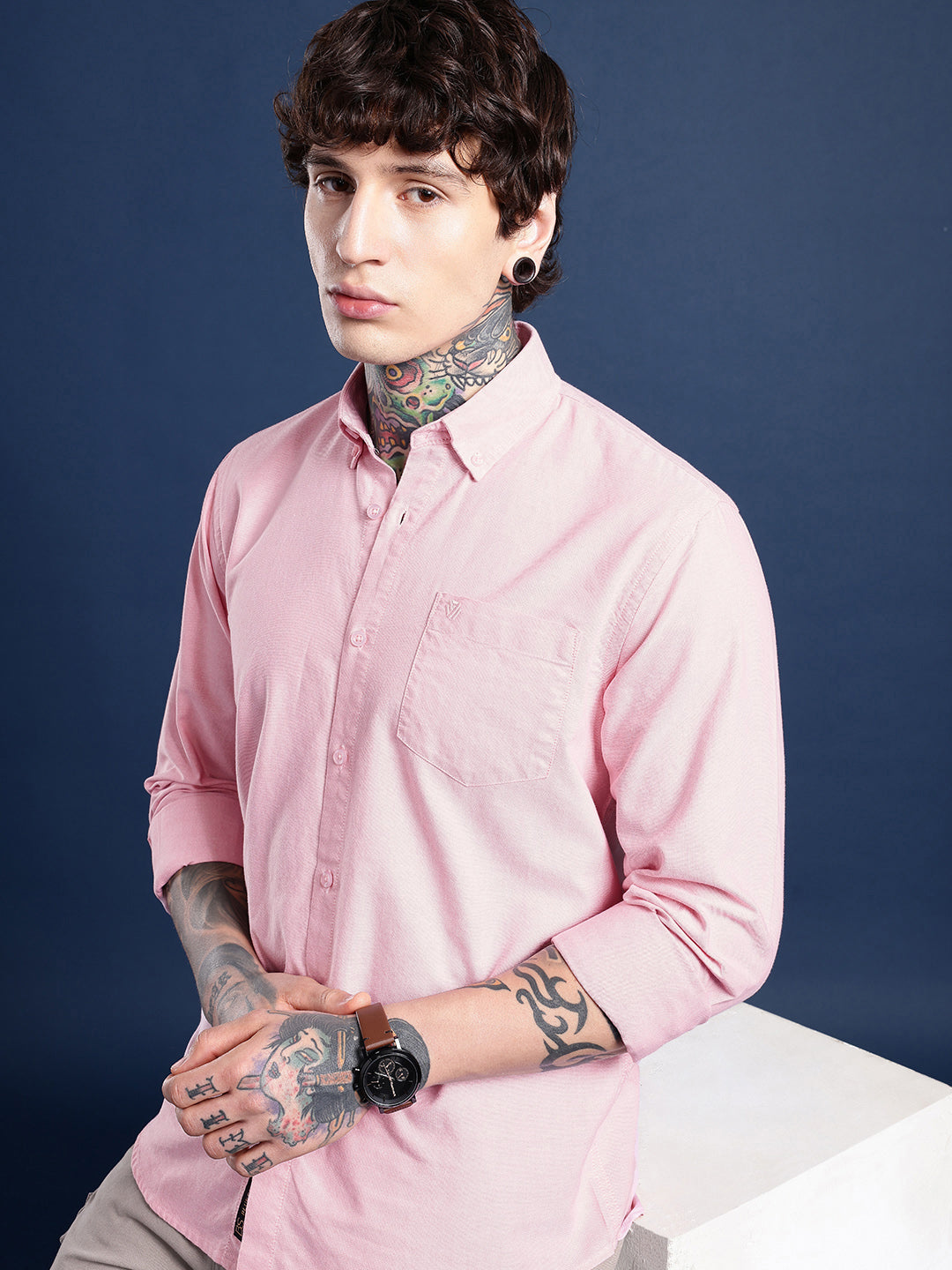 Peach Full Sleeve Chambray Cotton Shirt