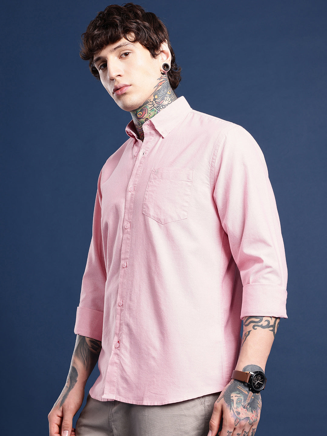 Peach Full Sleeve Chambray Cotton Shirt