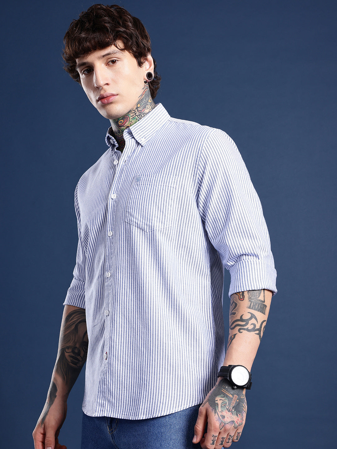 Dark Blue Full Sleeve Chambray Cotton Shirt