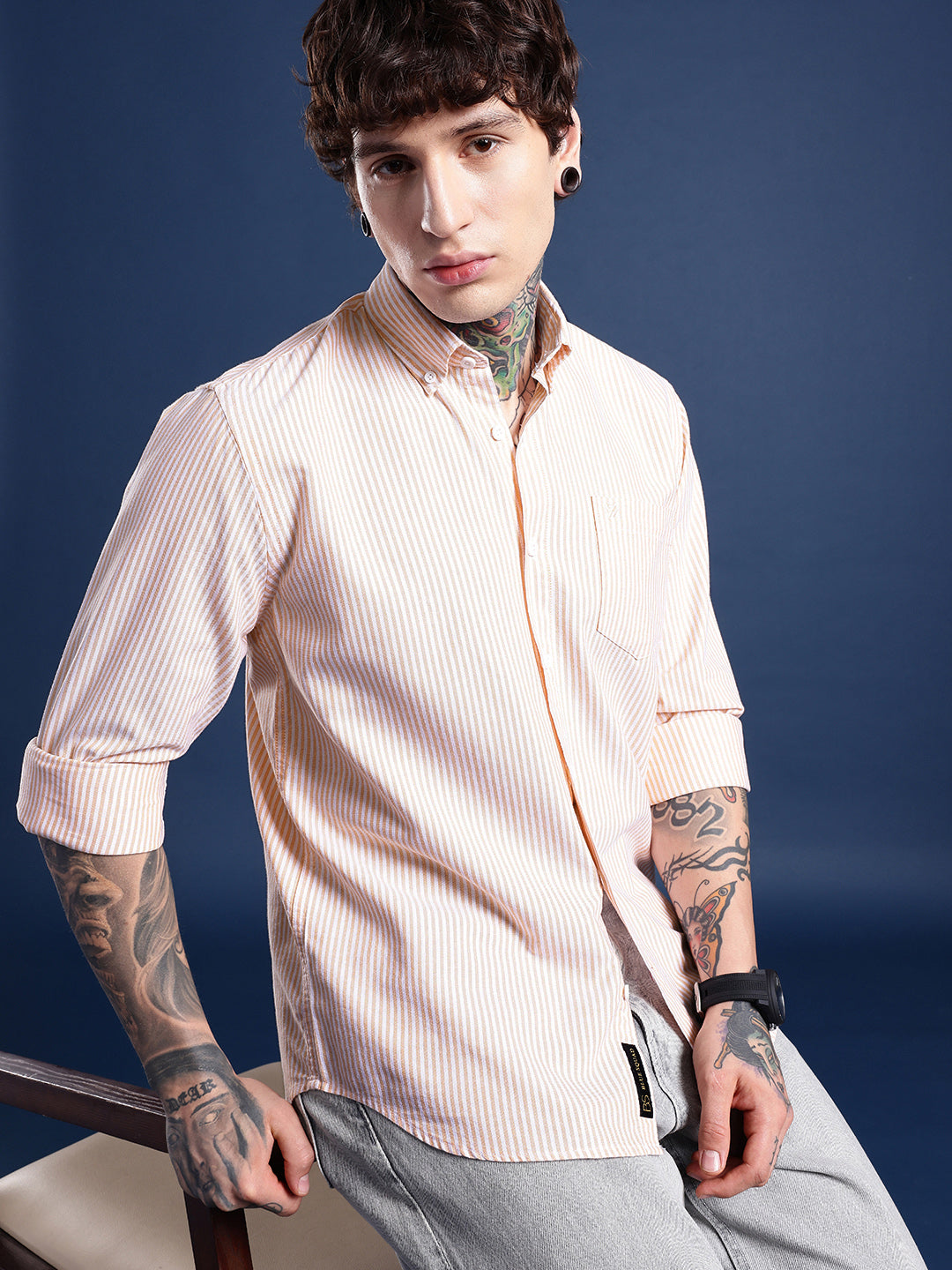 Orange Full Sleeve Chambray Cotton Shirt