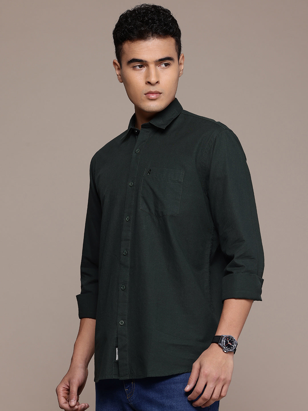 Green Full Sleeve Cotton Linen Shirt