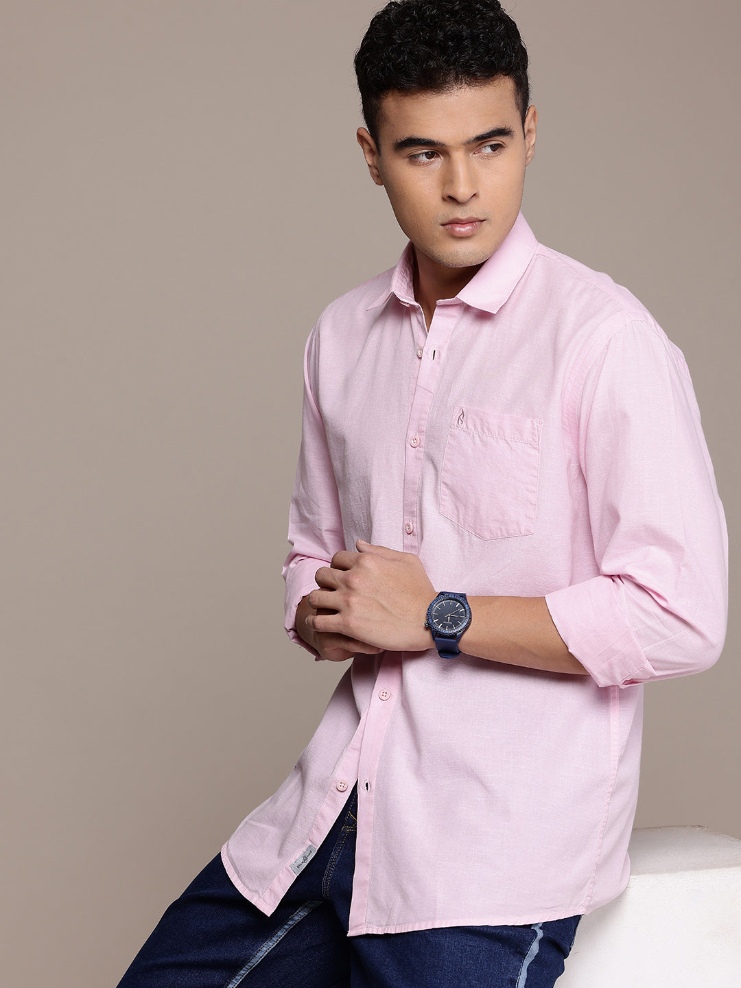 Pink Full Sleeve Cotton Linen Shirt