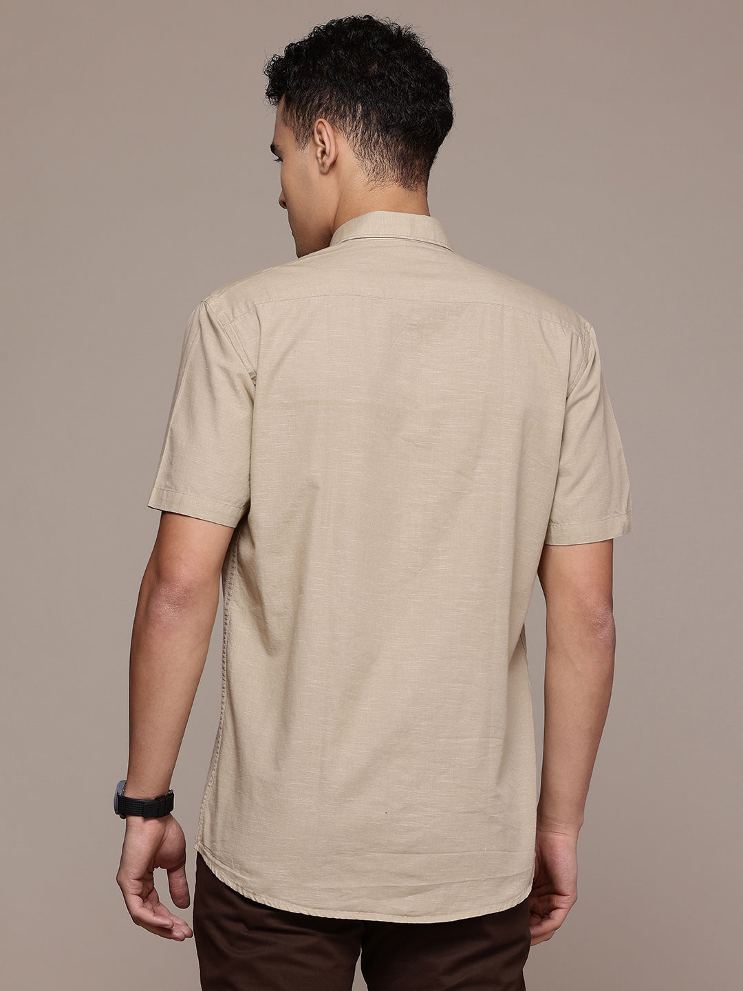 Beige Half Sleeve Cotton Linen Shirt