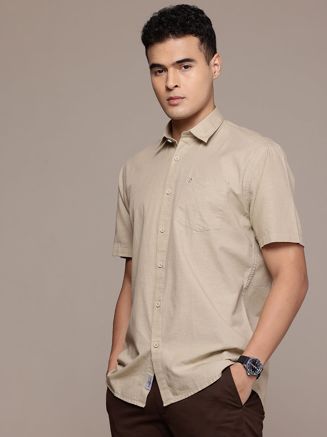 Beige Half Sleeve Cotton Linen Shirt