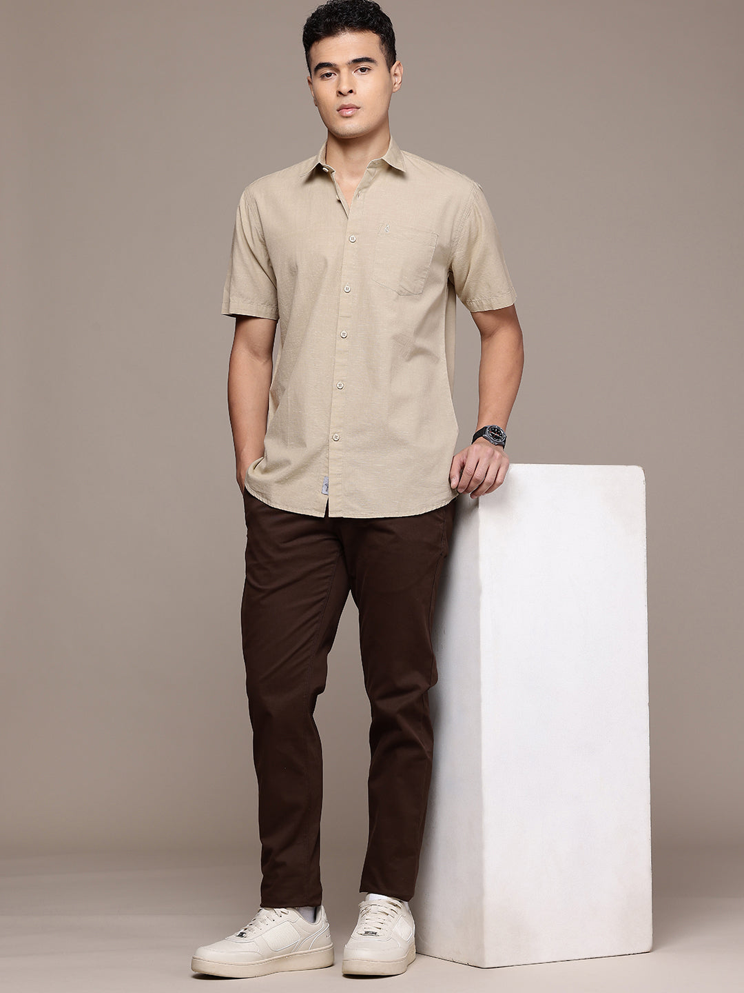 Beige Half Sleeve Cotton Linen Shirt