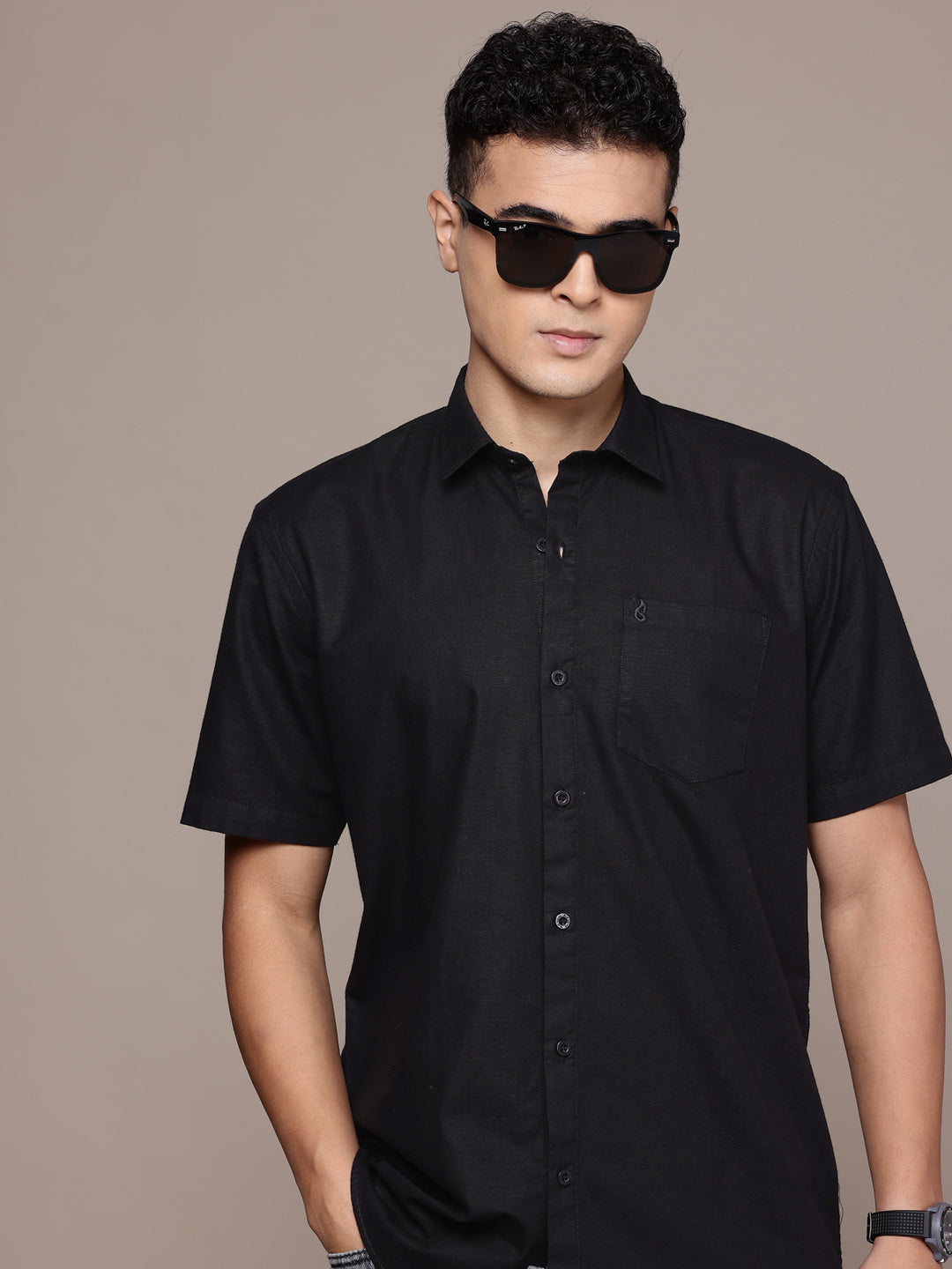 Black Half Sleeve Cotton Linen Shirt