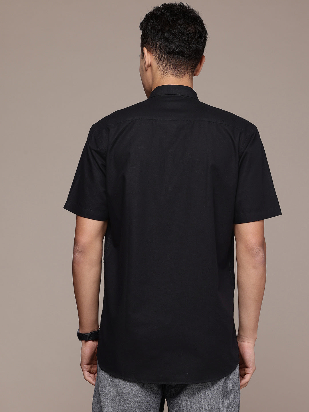 Black Half Sleeve Cotton Linen Shirt