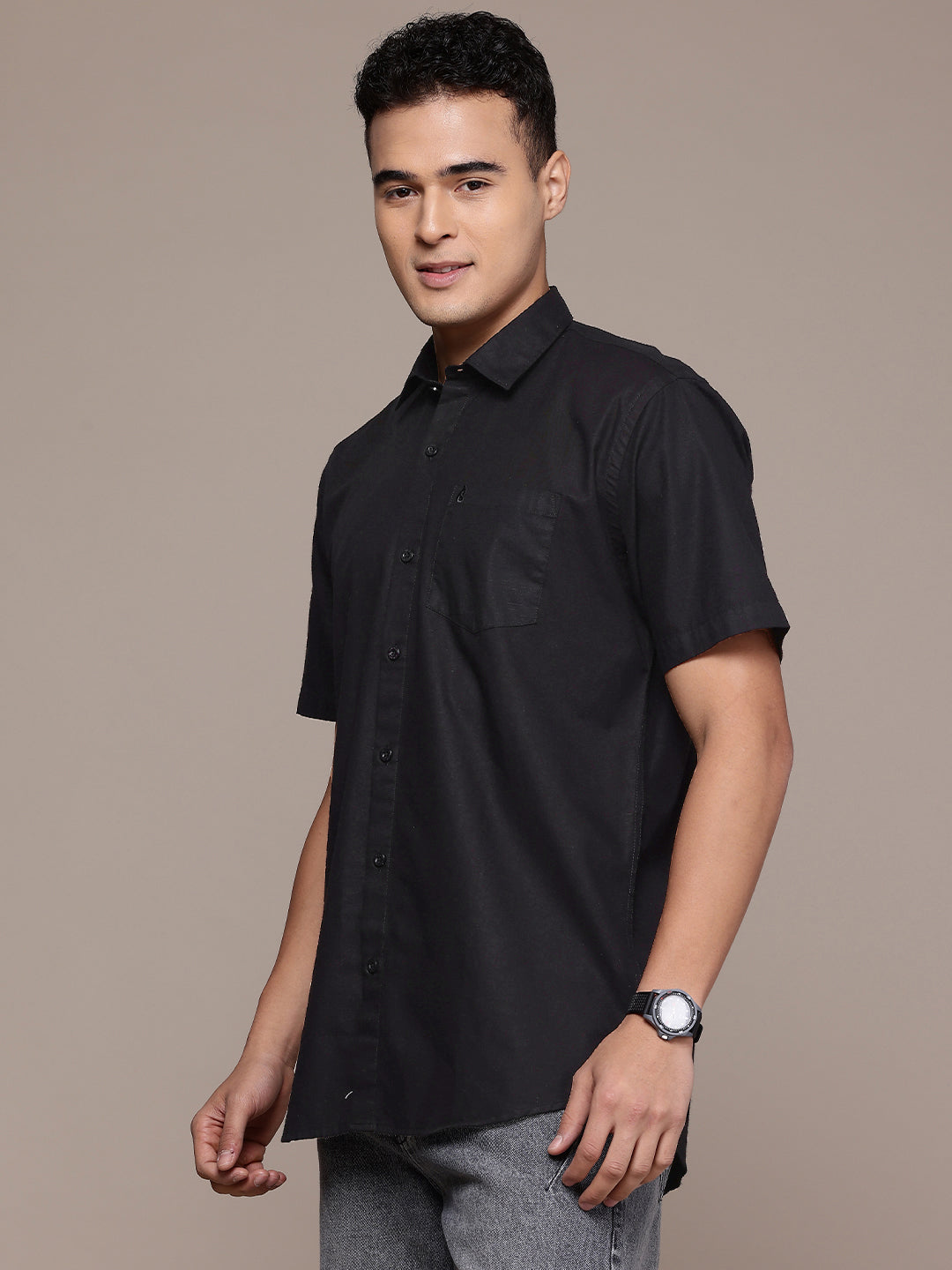 Black Half Sleeve Cotton Linen Shirt