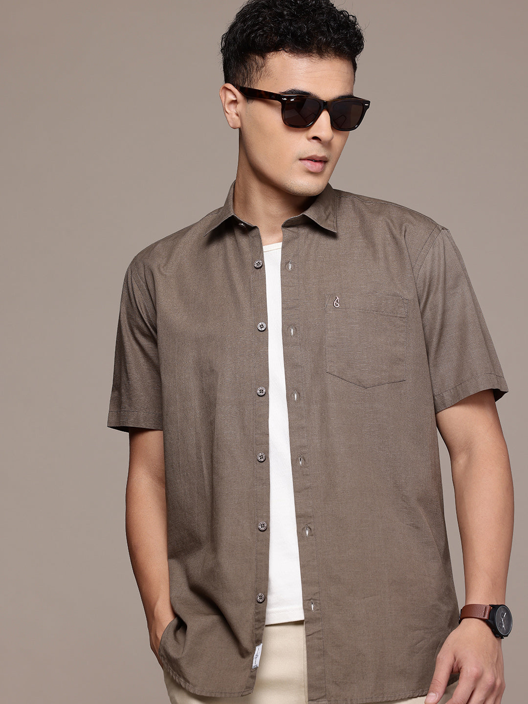 Brown Half Sleeve Cotton Linen Shirt