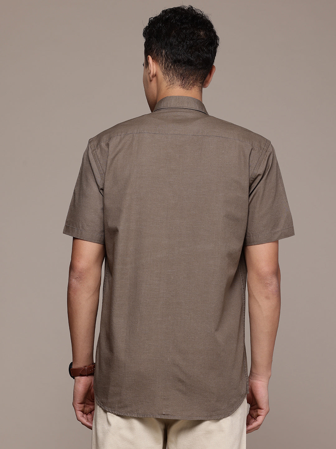 Brown Half Sleeve Cotton Linen Shirt