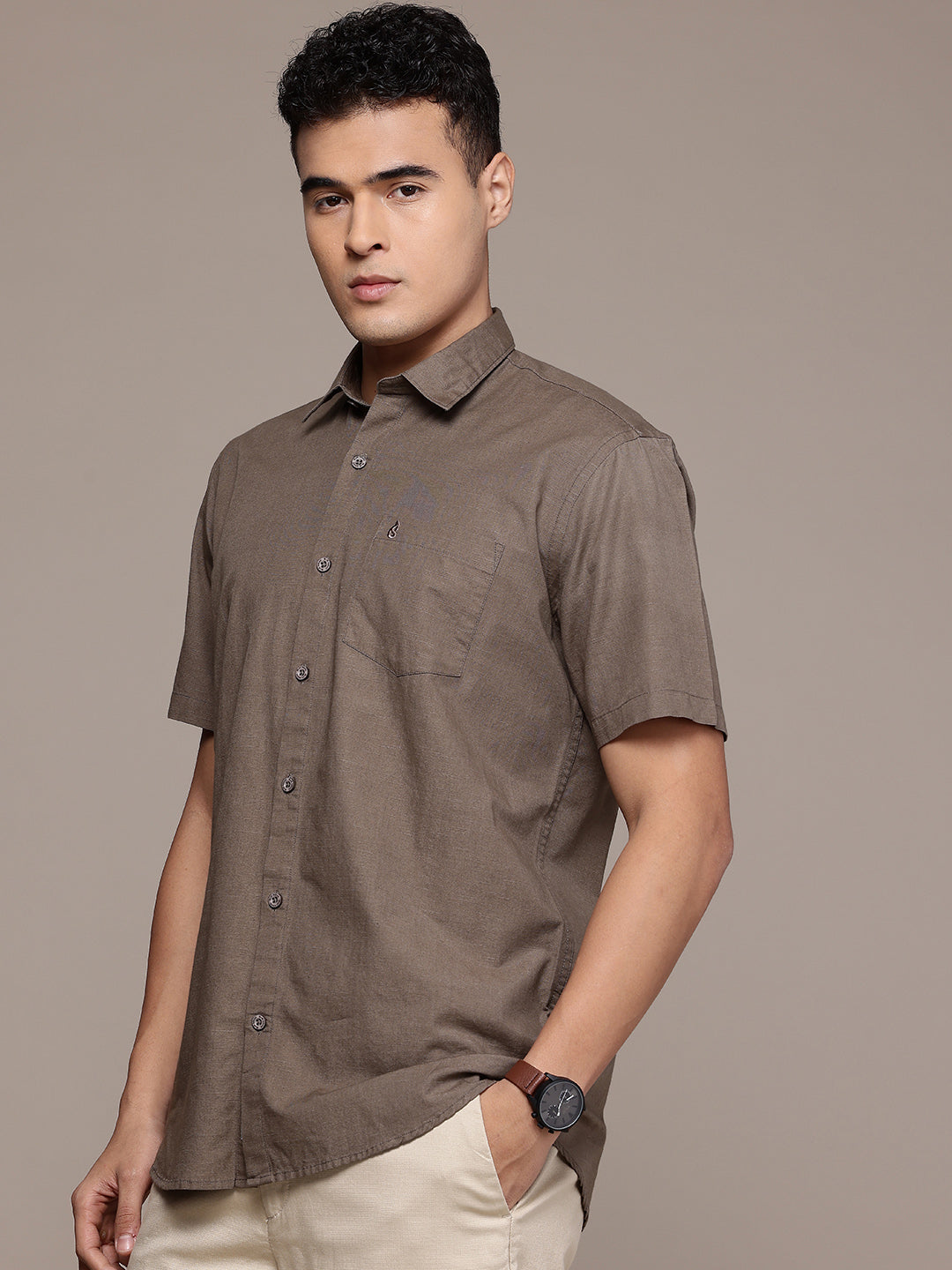 Brown Half Sleeve Cotton Linen Shirt