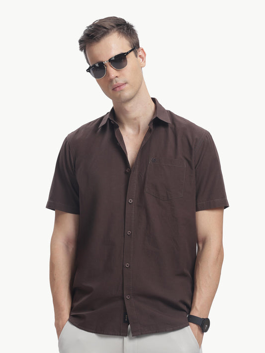 Coffee Half Sleeve Cotton Linen Shirt