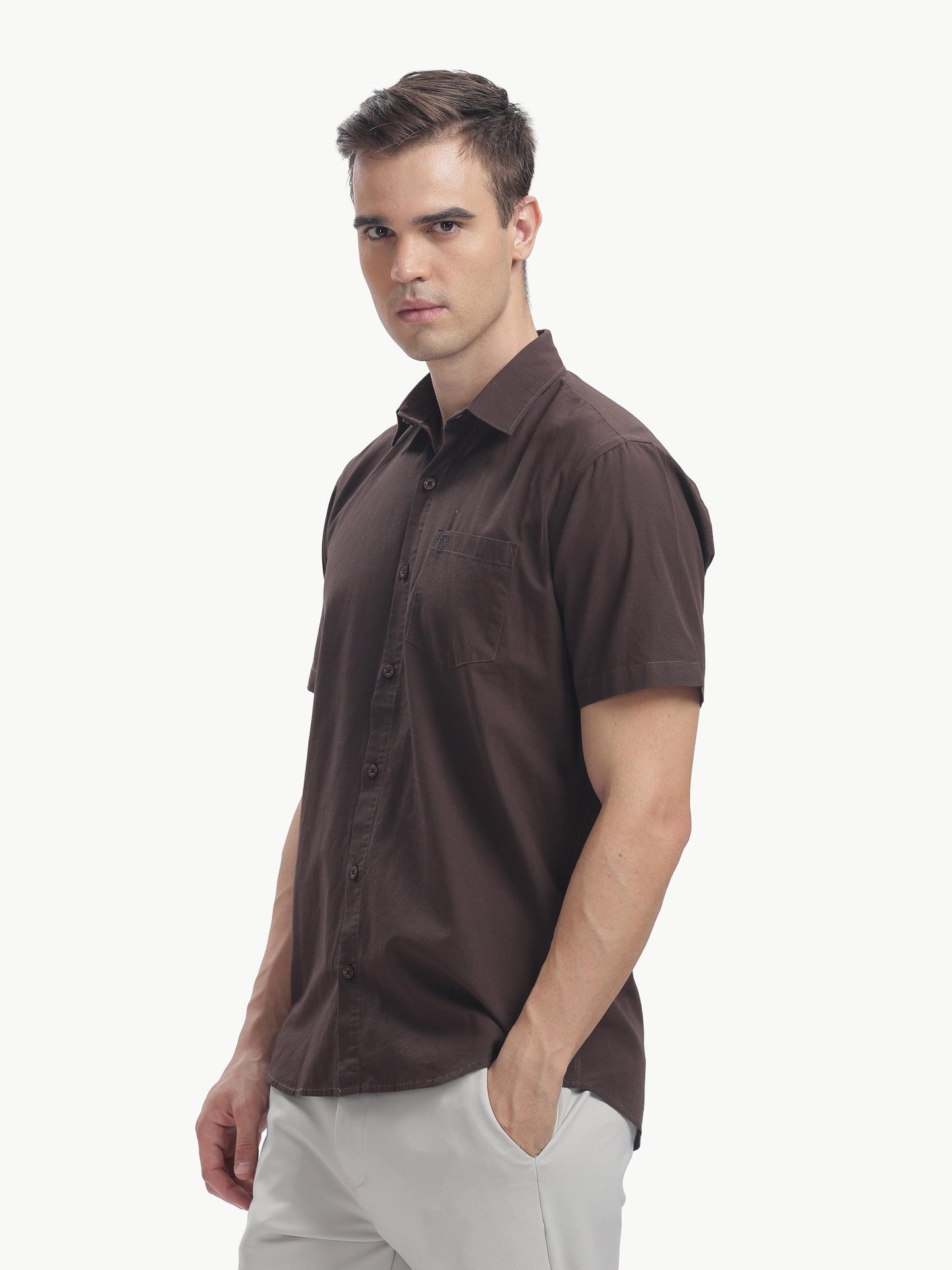 Coffee Half Sleeve Cotton Linen Shirt