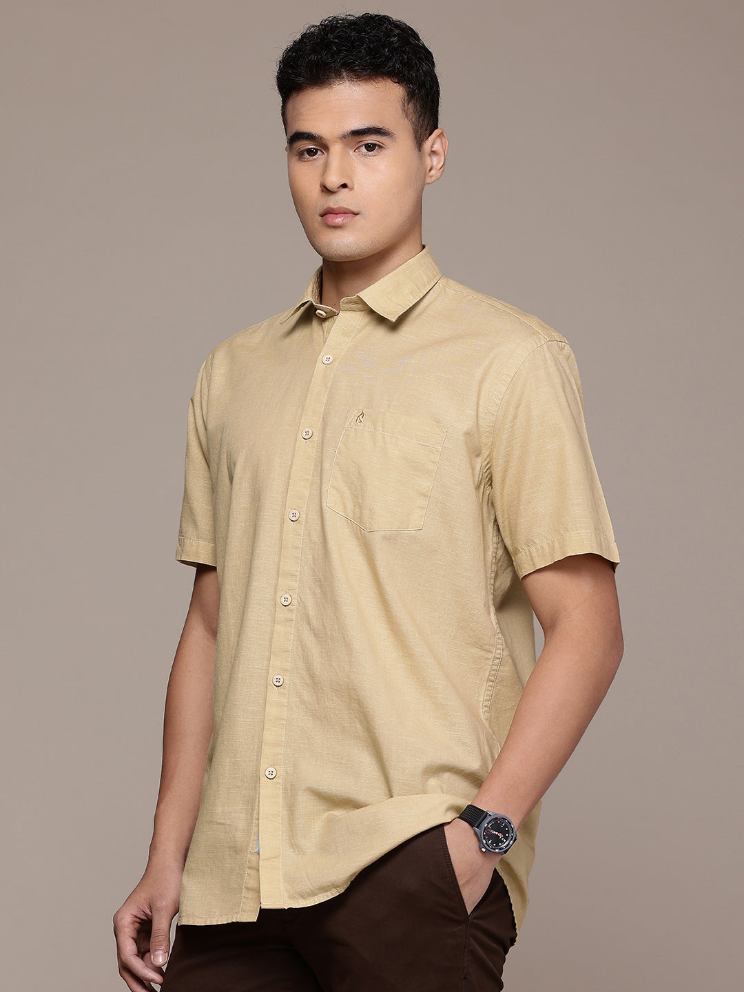 Cream Half Sleeve Cotton Linen Shirt