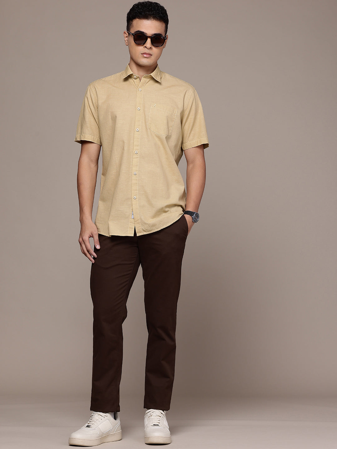 Cream Half Sleeve Cotton Linen Shirt