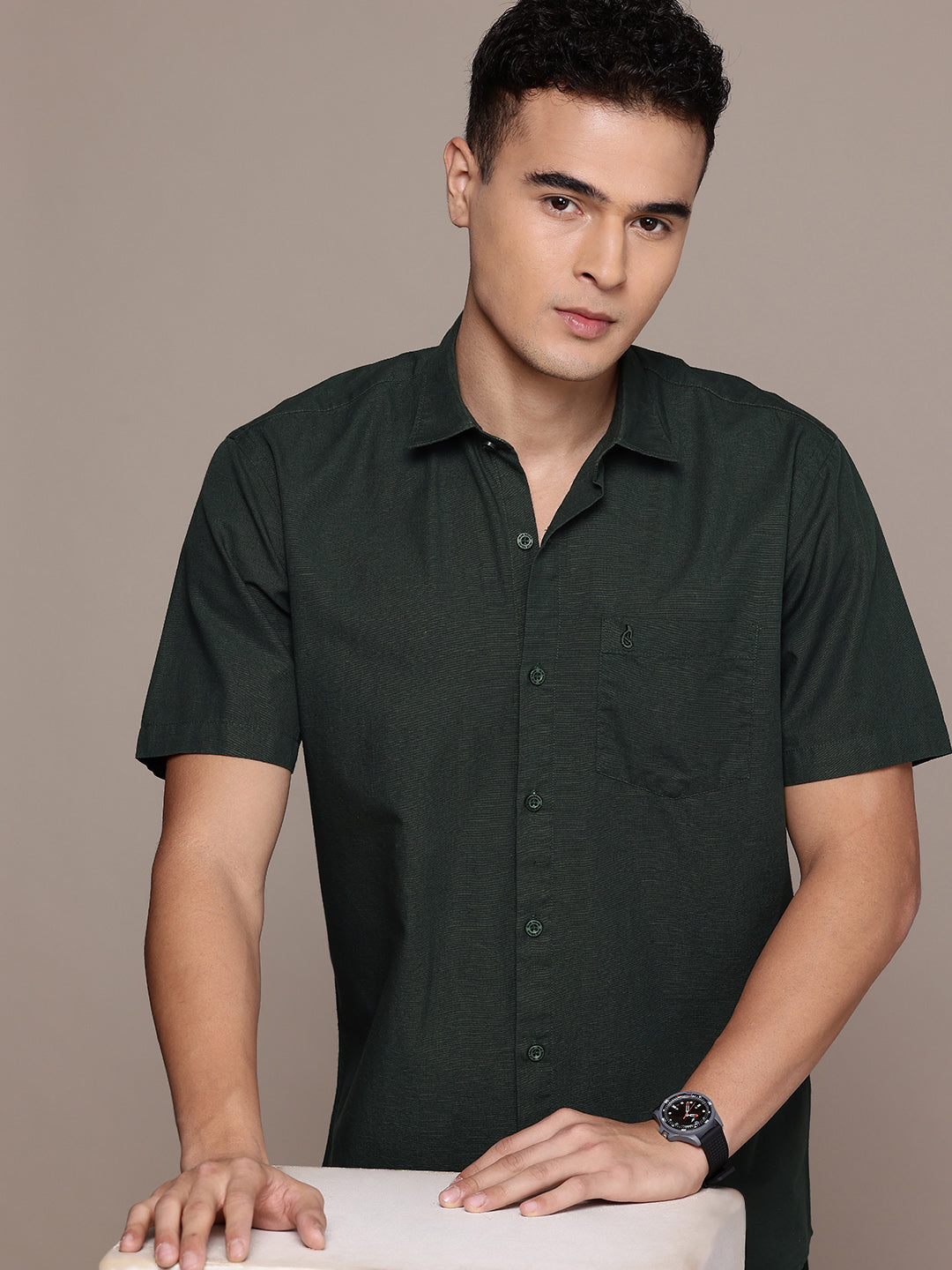 Dark Green Half Sleeve Cotton Linen Shirt
