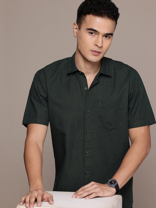 Dark Green Half Sleeve Cotton Linen Shirt