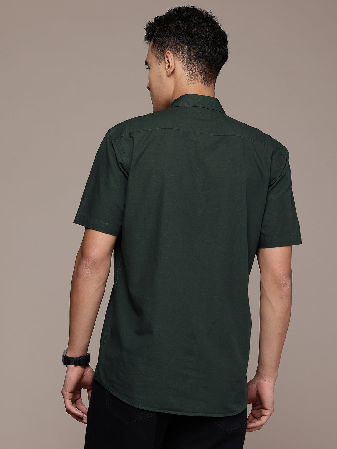 Dark Green Half Sleeve Cotton Linen Shirt