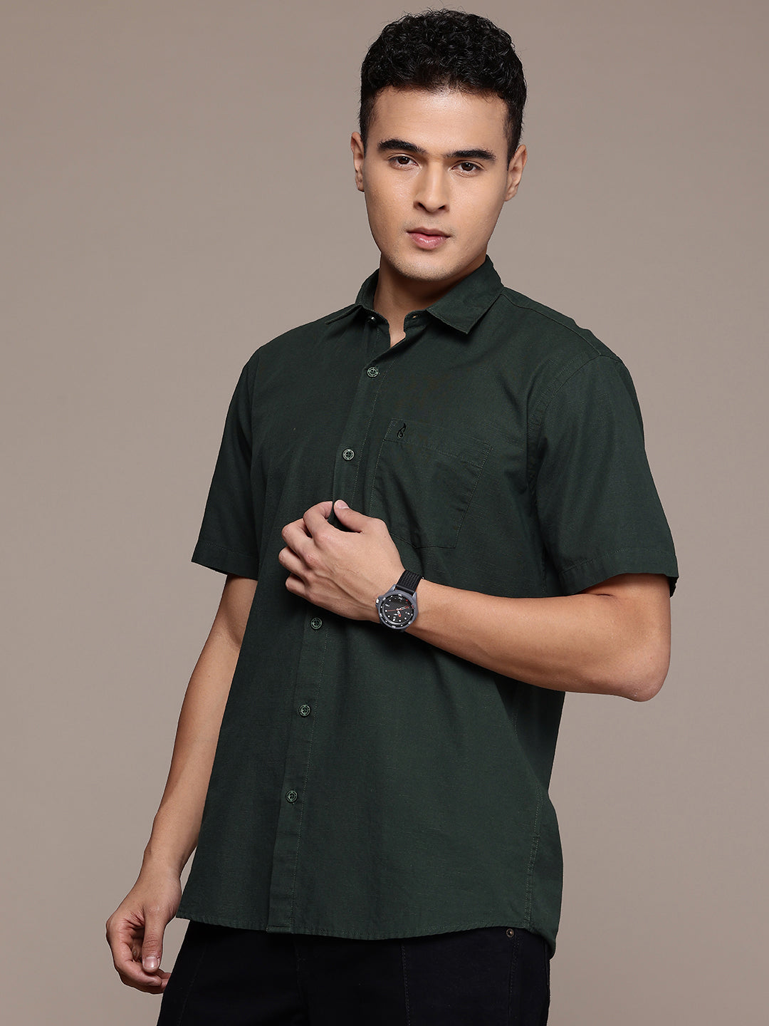 Dark Green Half Sleeve Cotton Linen Shirt