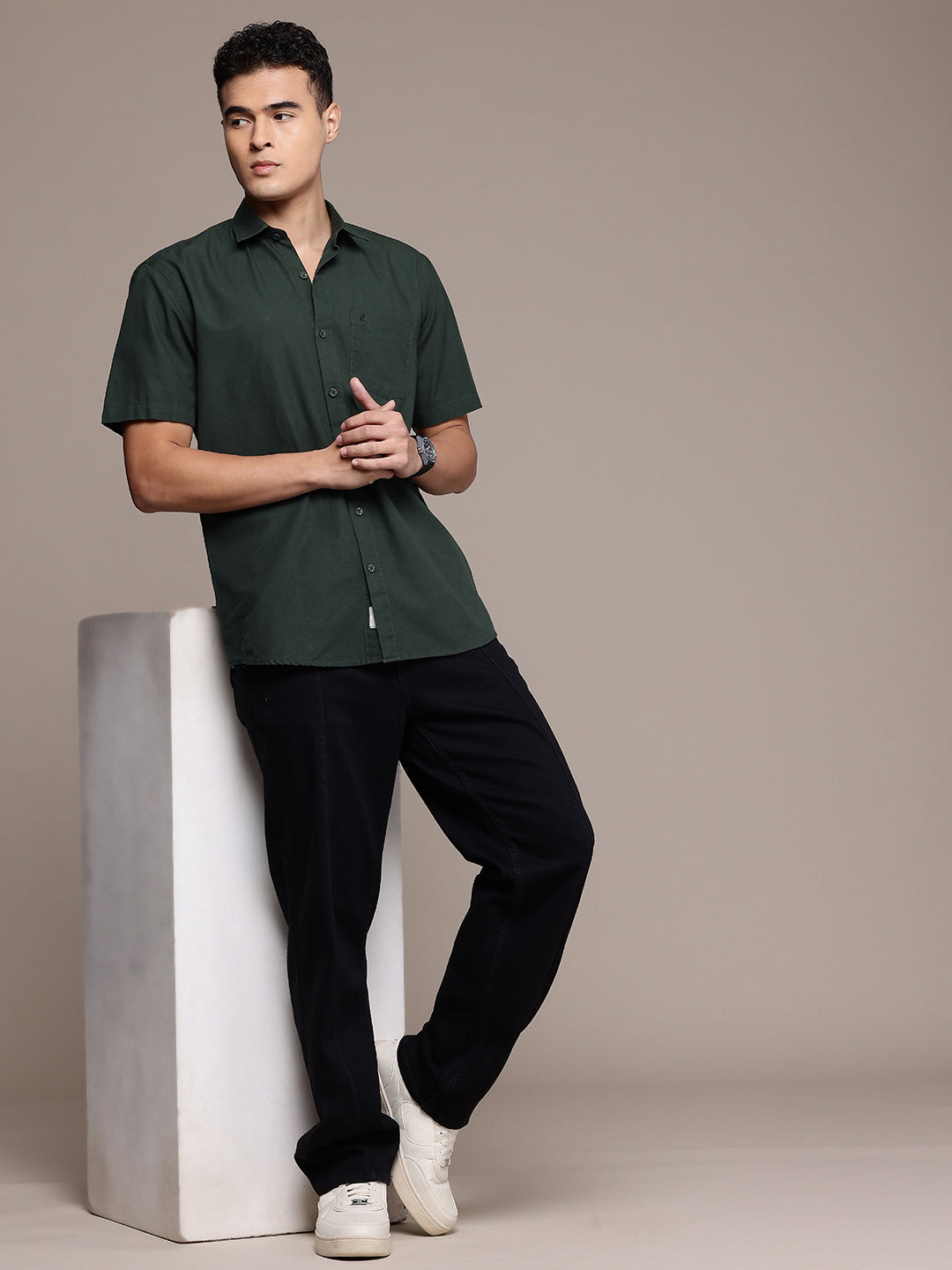 Dark Green Half Sleeve Cotton Linen Shirt