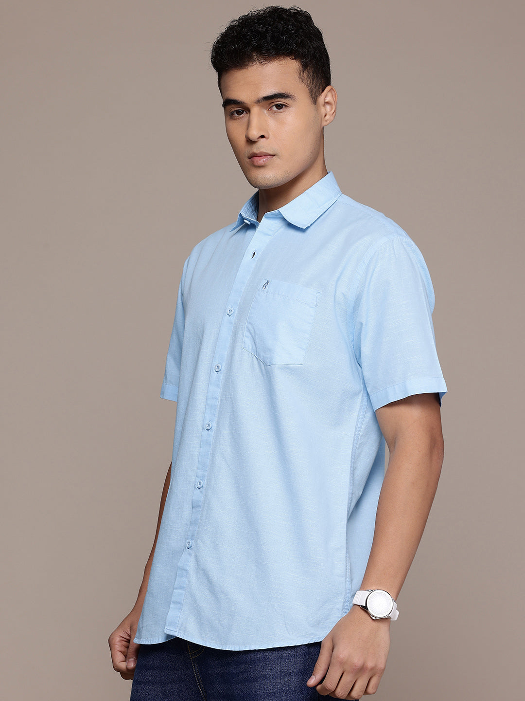 Light Blue Half Sleeve Cotton Linen Shirt