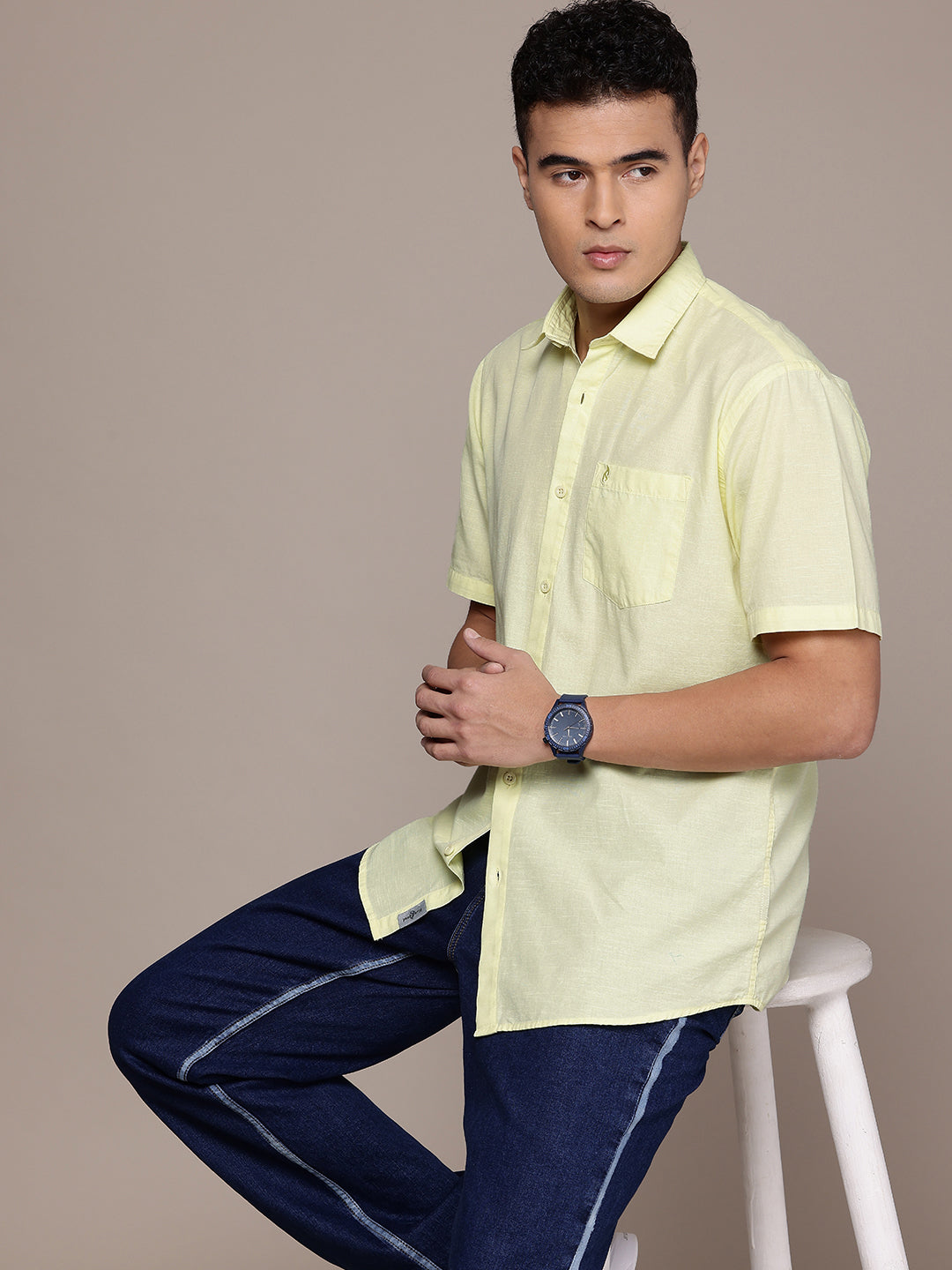 Lime Yellow Half Sleeve Cotton Linen Shirt