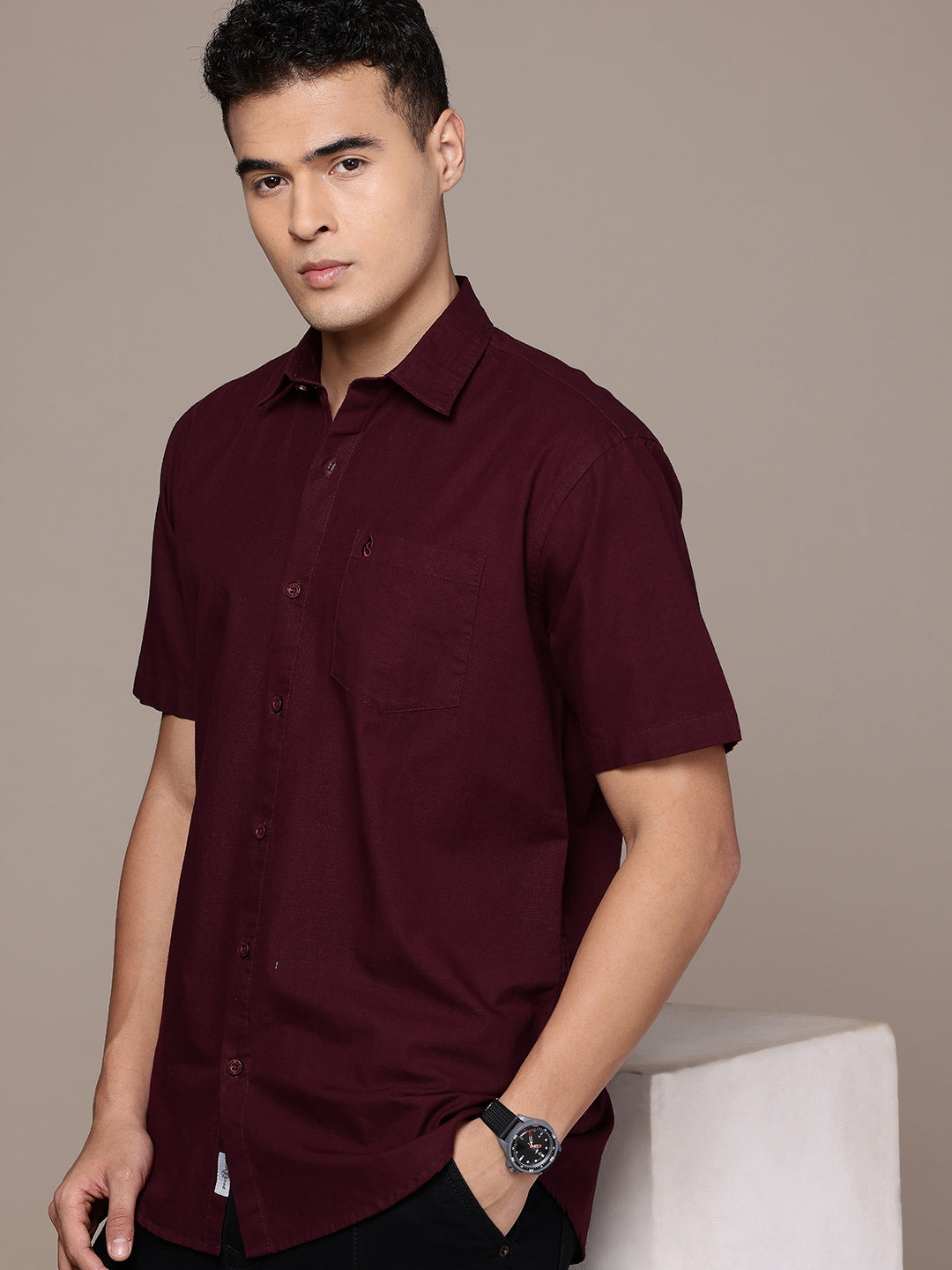 Maroon Half Sleeve Cotton Linen Shirt