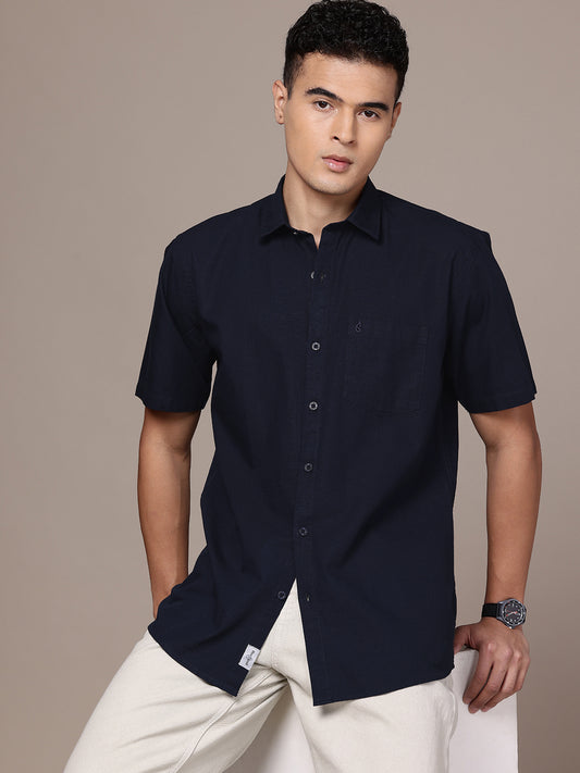 Navy Blue Half Sleeve Cotton Linen Shirt