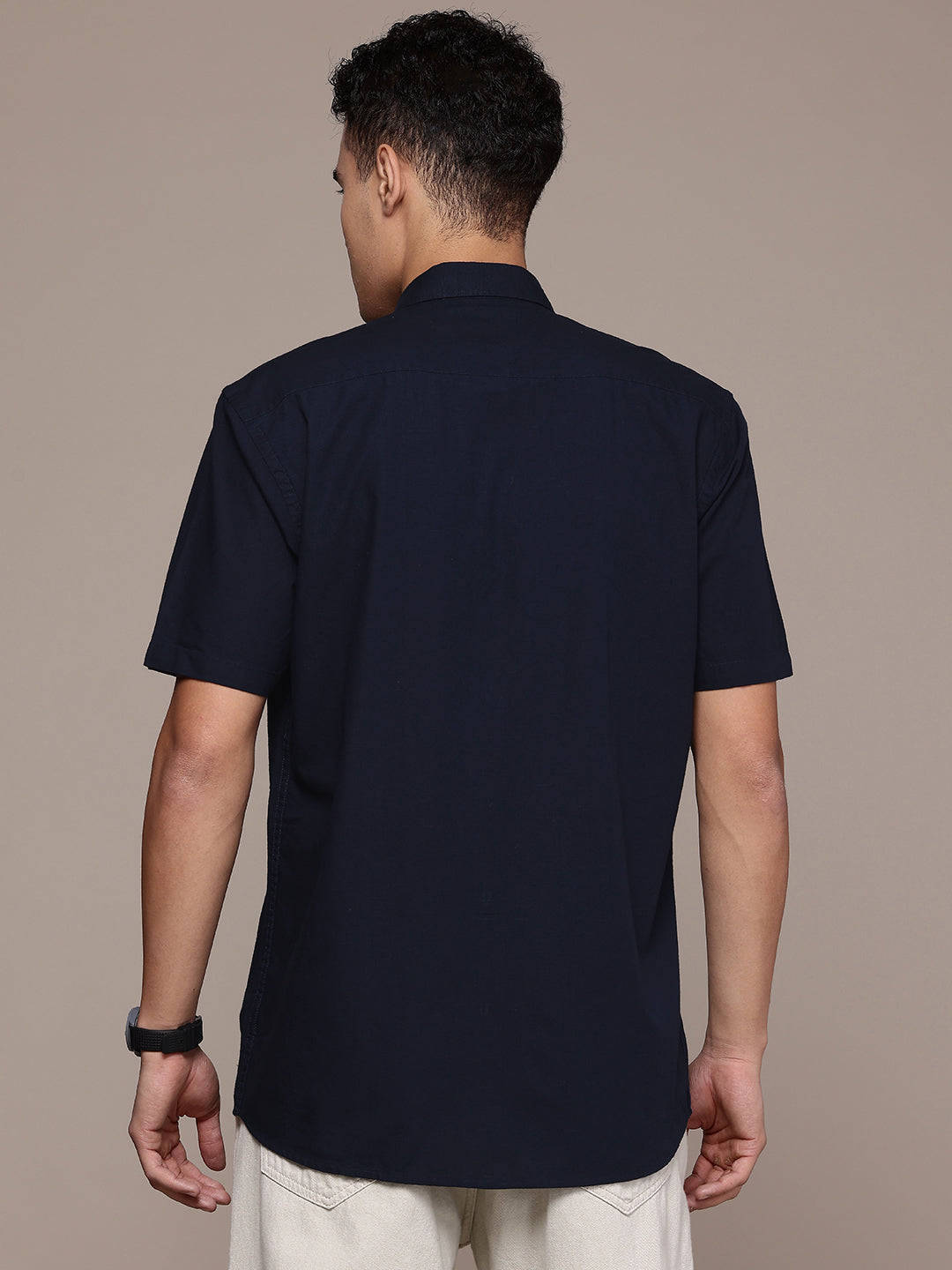 Navy Blue Half Sleeve Cotton Linen Shirt