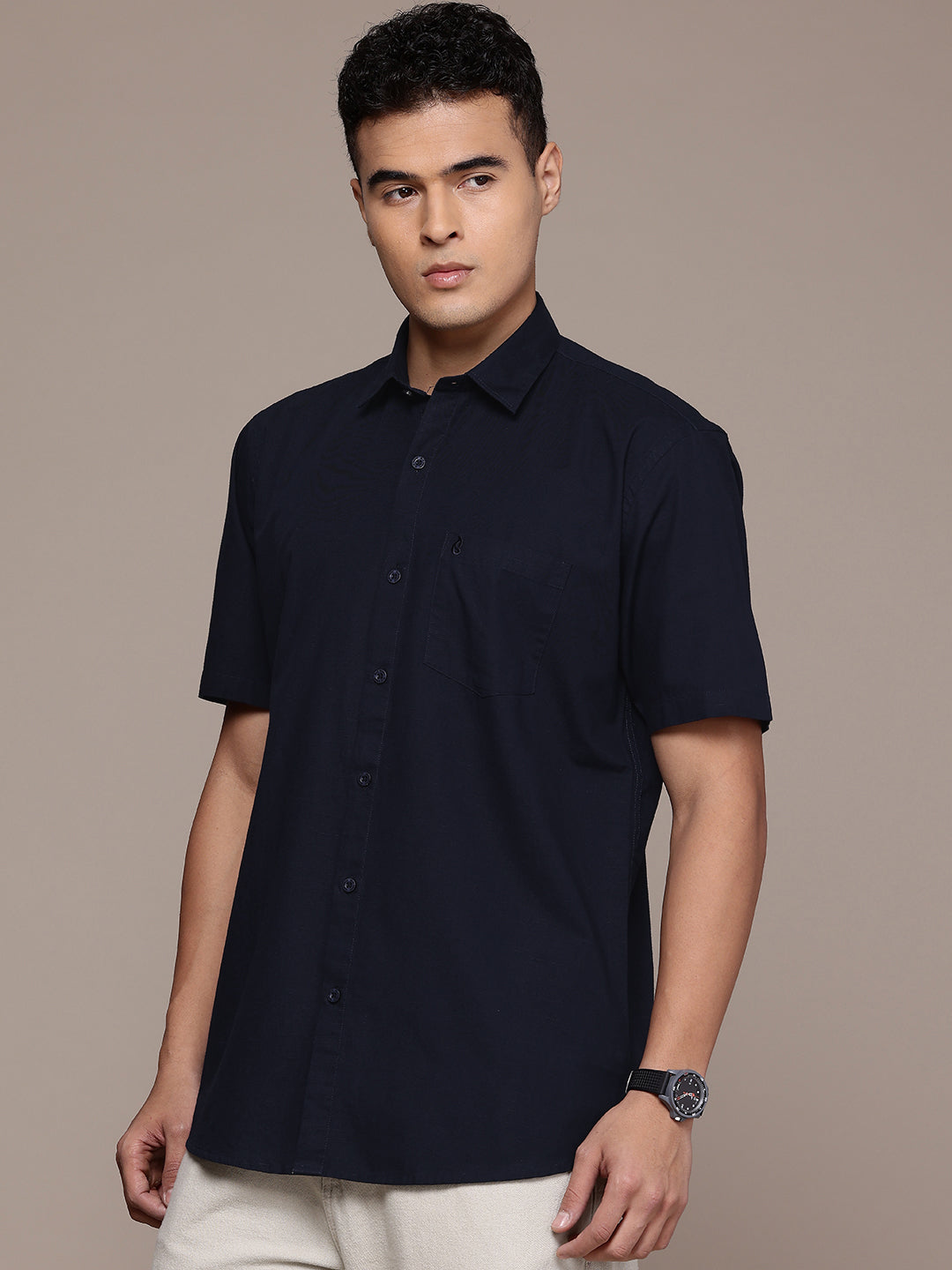 Navy Blue Half Sleeve Cotton Linen Shirt