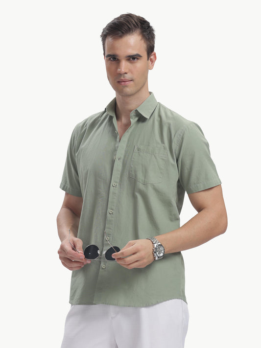 Olive Half Sleeve Cotton Linen Shirt