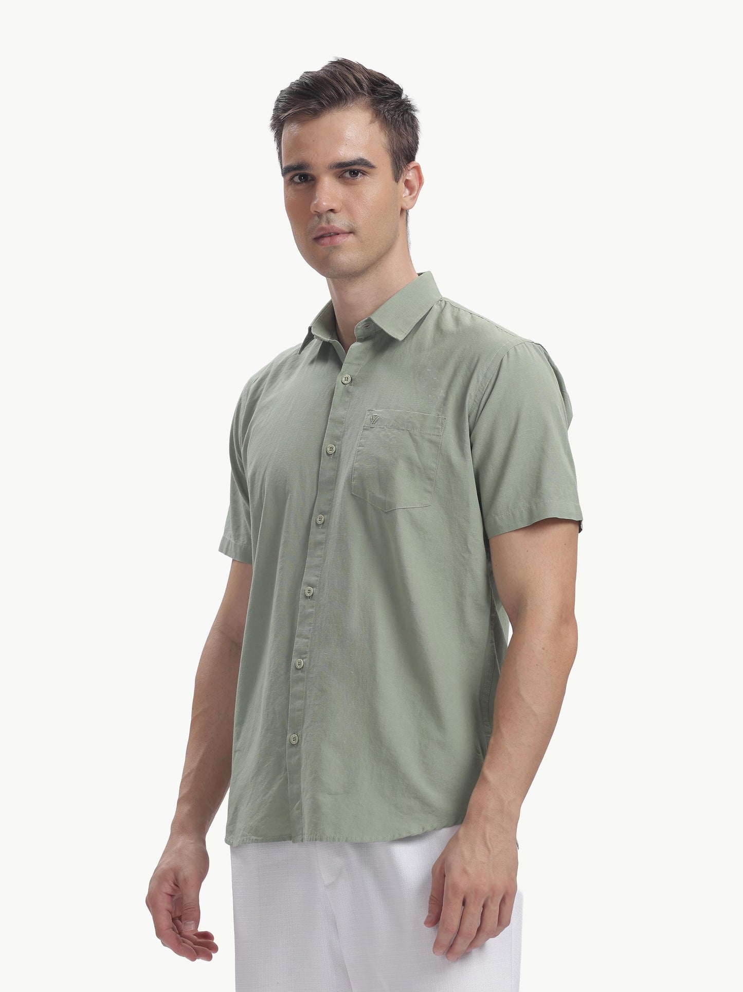 Olive Half Sleeve Cotton Linen Shirt