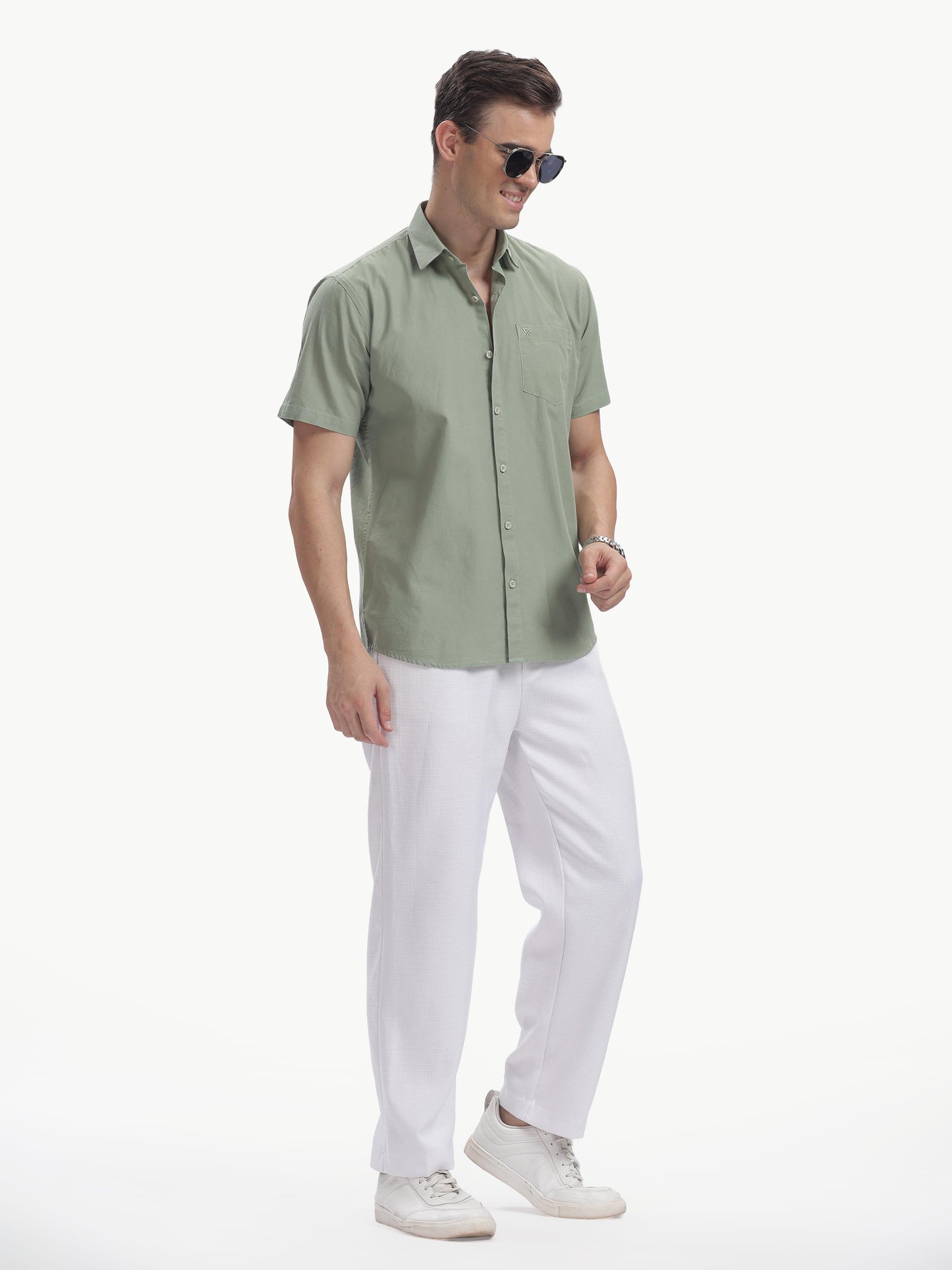 Olive Half Sleeve Cotton Linen Shirt