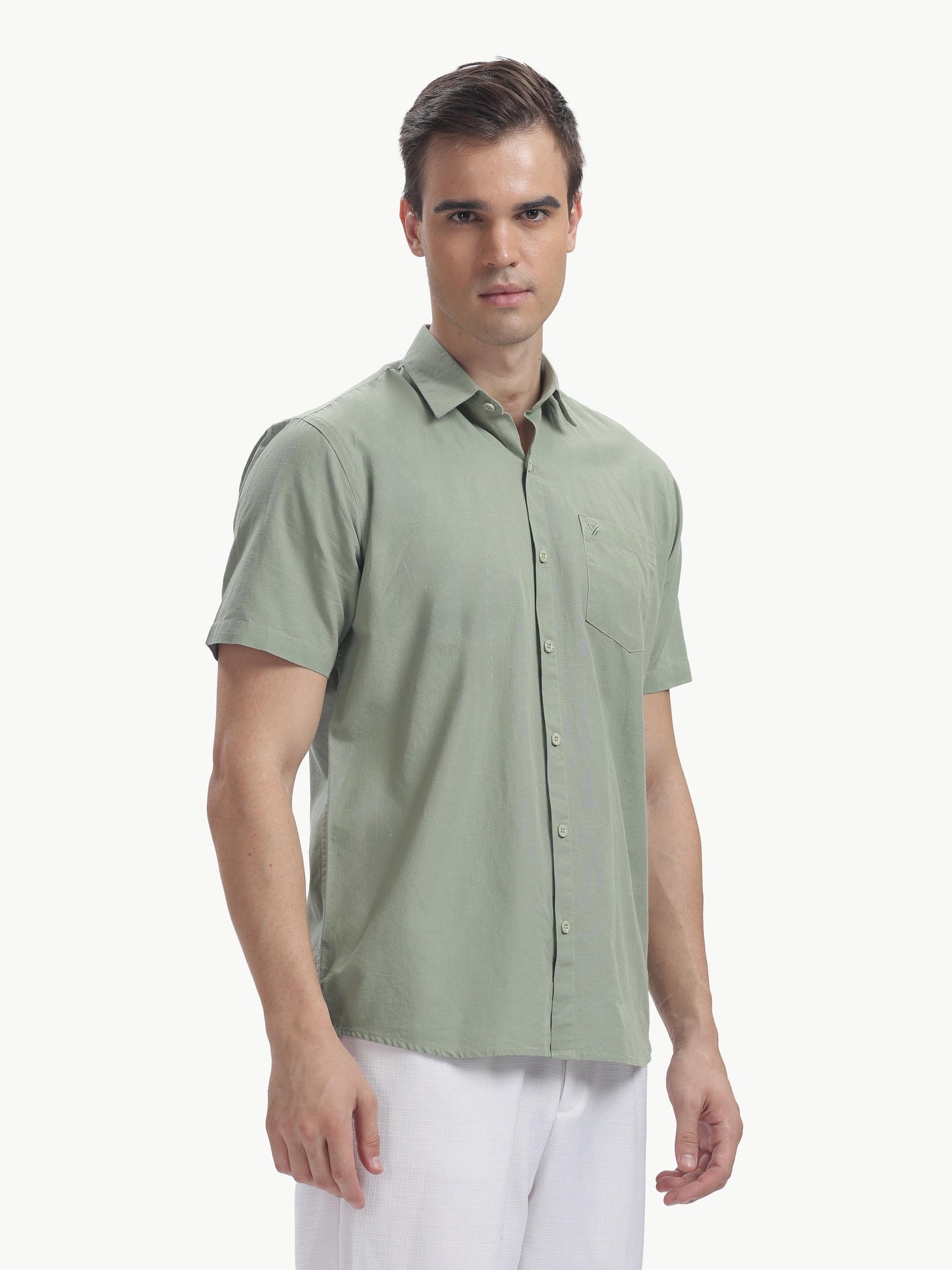 Olive Half Sleeve Cotton Linen Shirt