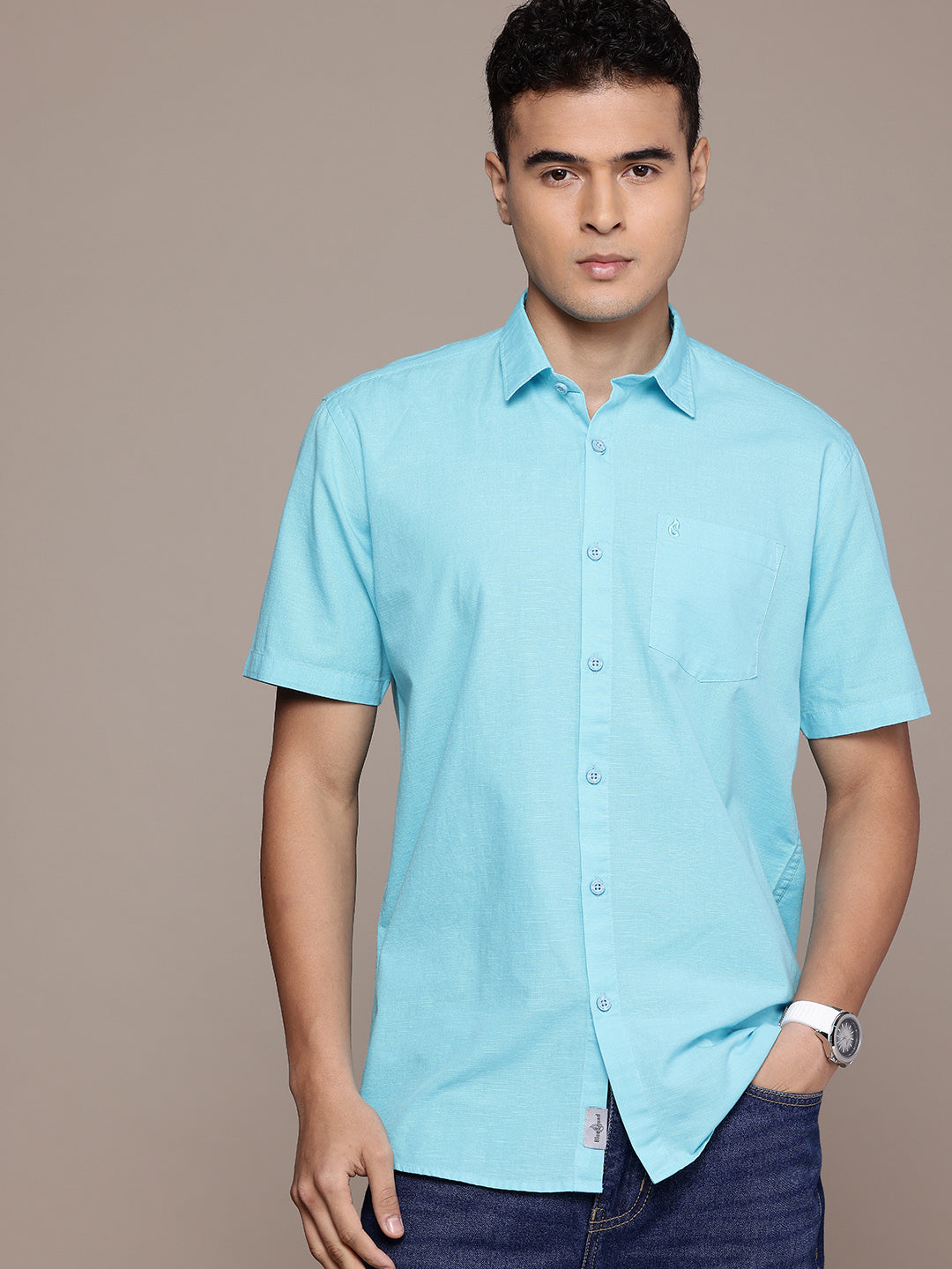 Sea Blue Half Sleeve Cotton Linen Shirt