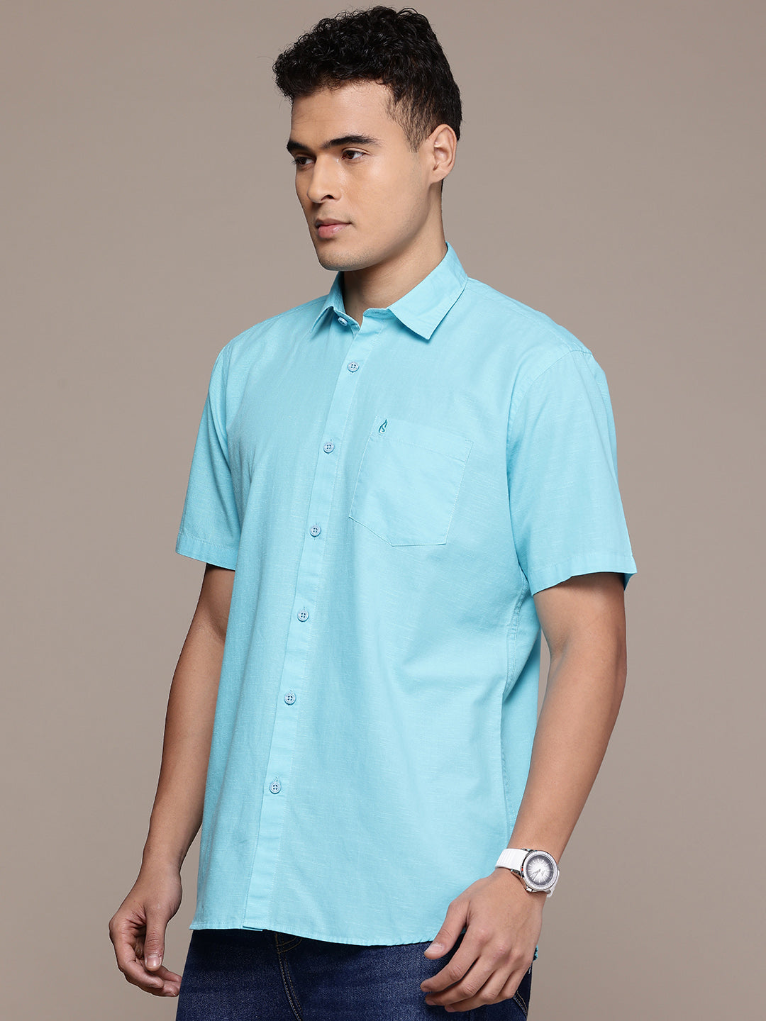 Sea Blue Half Sleeve Cotton Linen Shirt