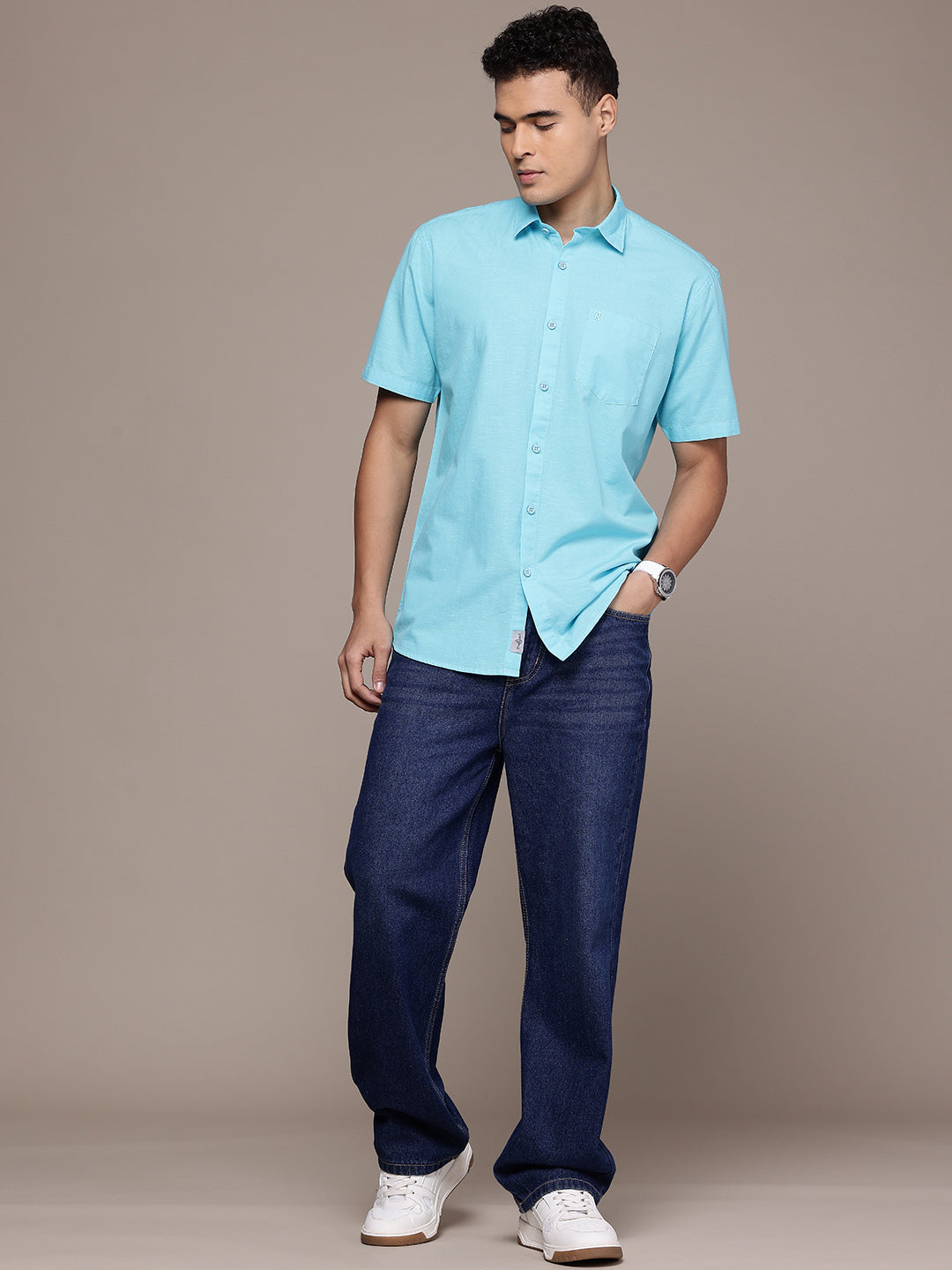 Sea Blue Half Sleeve Cotton Linen Shirt