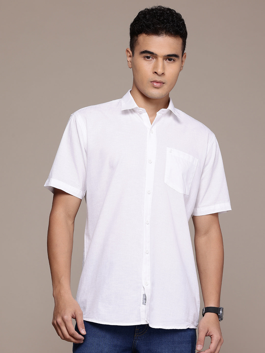 White Half Sleeve Cotton Linen Shirt